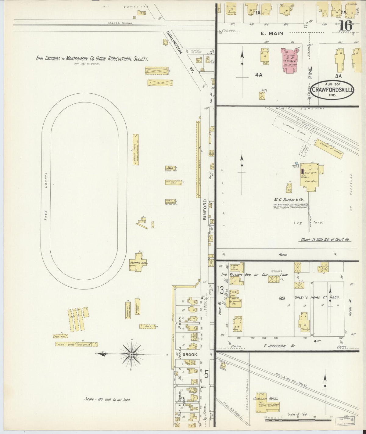 Sanborn Fire Insurance Map from Crawfordsville, Montgomery County, Indiana (1907), Sheet #0016 - Historic Sanborn Fire Insurance Map Print, vintage old map wall art, antique decor, genealogy gift, Indiana Indiana map