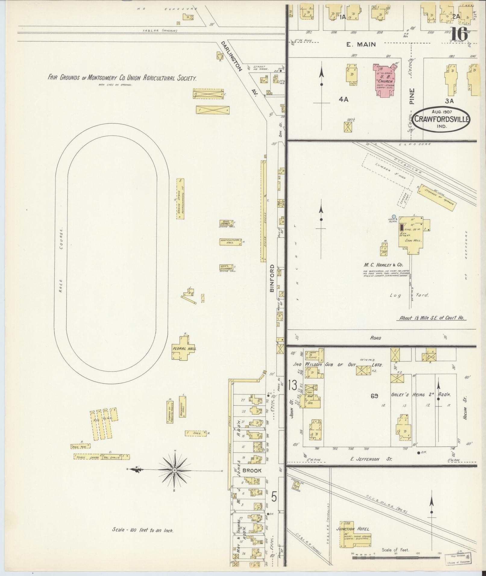 Sanborn Fire Insurance Map from Crawfordsville, Montgomery County, Indiana (1907), Sheet #0016 - Historic Sanborn Fire Insurance Map Print, vintage old map wall art, antique decor, genealogy gift, Indiana Indiana map