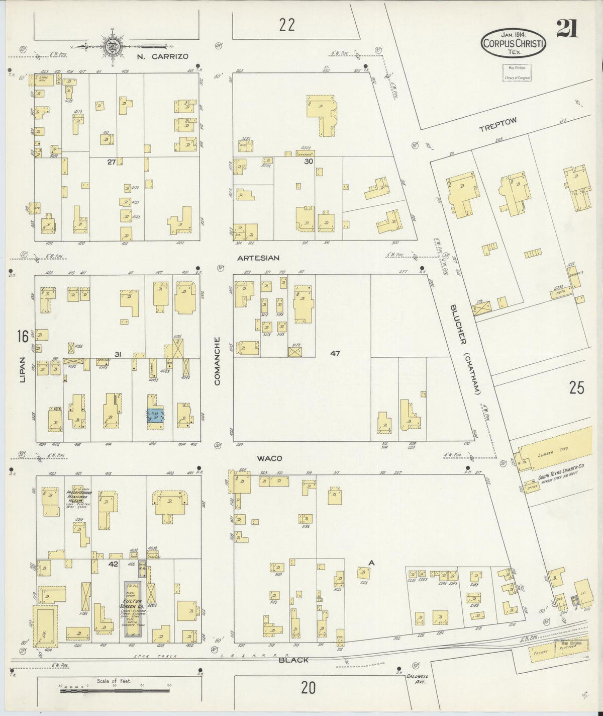 Sanborn Fire Insurance Map from Corpus Christi, Nueces County, Texas (1914), Sheet #0021 - Complete Map Set gallery image, historic Sanborn map, vintage wall art, Texas Texas