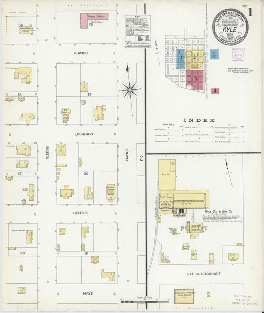 Sanborn Fire Insurance Map from Kyle, Hays County, Texas (1907), Sheet #0001 - Complete Map Set gallery image, historic Sanborn map, vintage wall art, Texas Texas