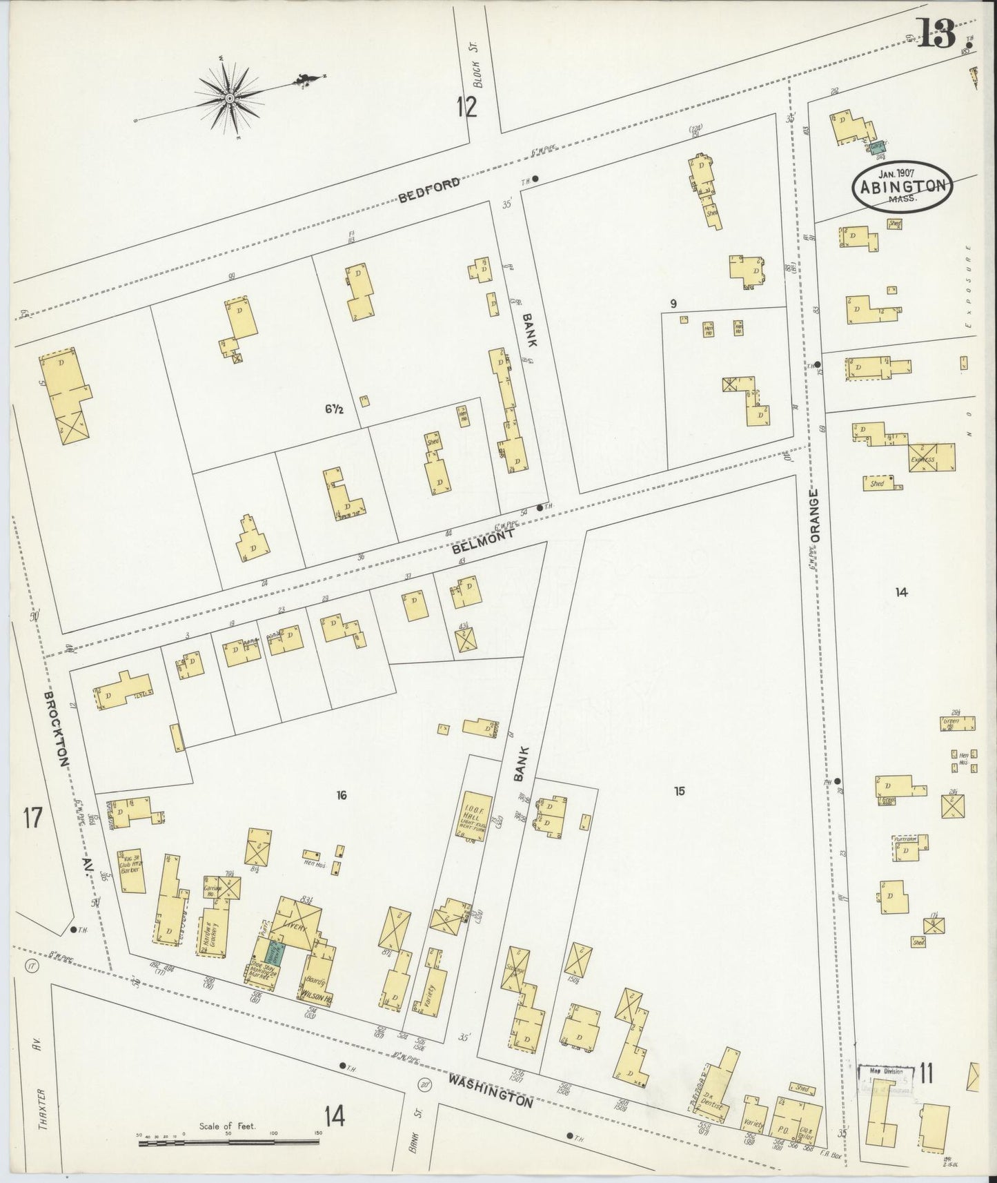 Sanborn Fire Insurance Map from Abington, Plymouth County, Massachusetts (1907), Sheet #0013 - Complete Map Set gallery image, historic Sanborn map, vintage wall art, Massachusetts Massachusetts