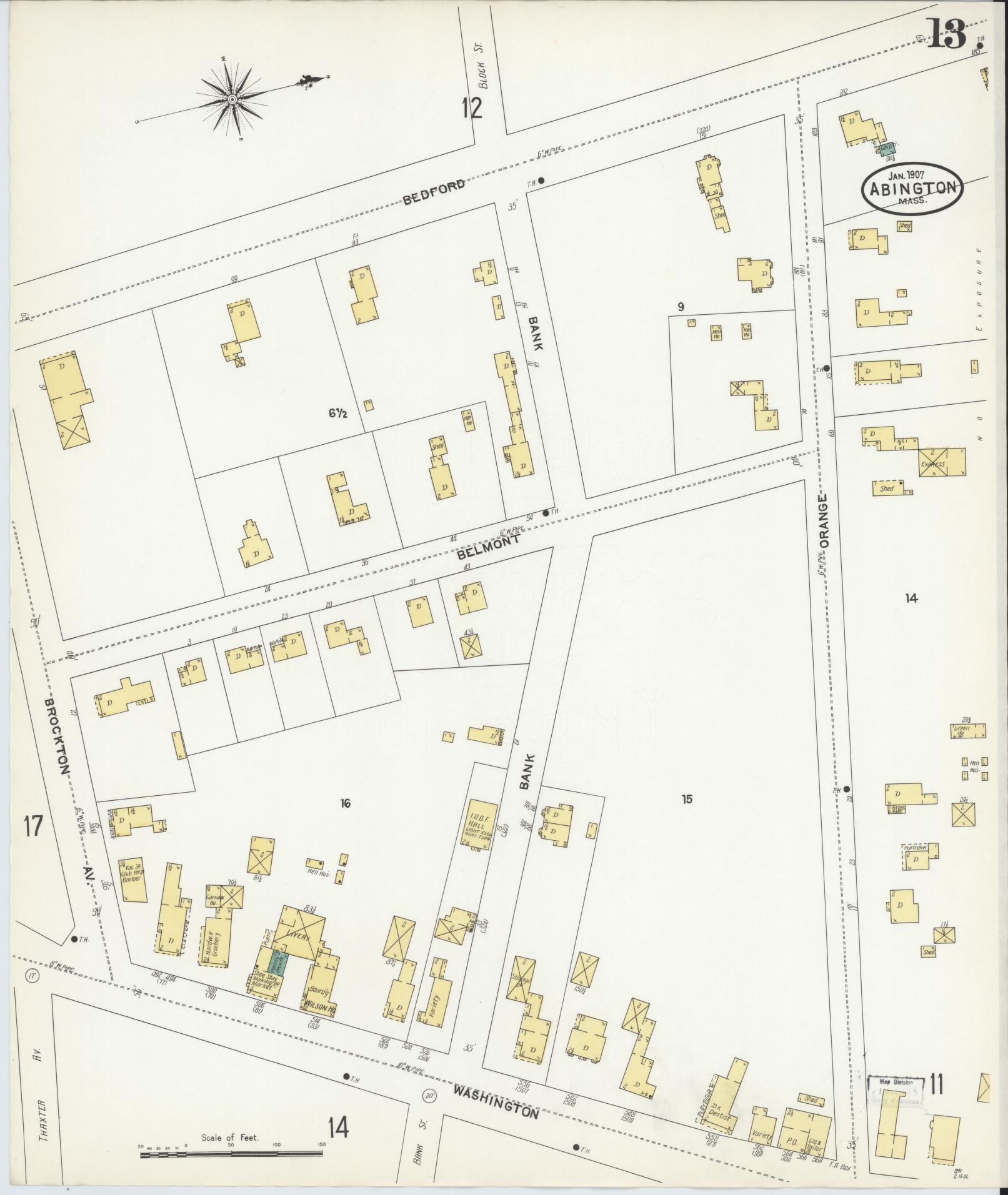 Sanborn Fire Insurance Map from Abington, Plymouth County, Massachusetts (1907), Sheet #0013 - Complete Map Set gallery image, historic Sanborn map, vintage wall art, Massachusetts Massachusetts