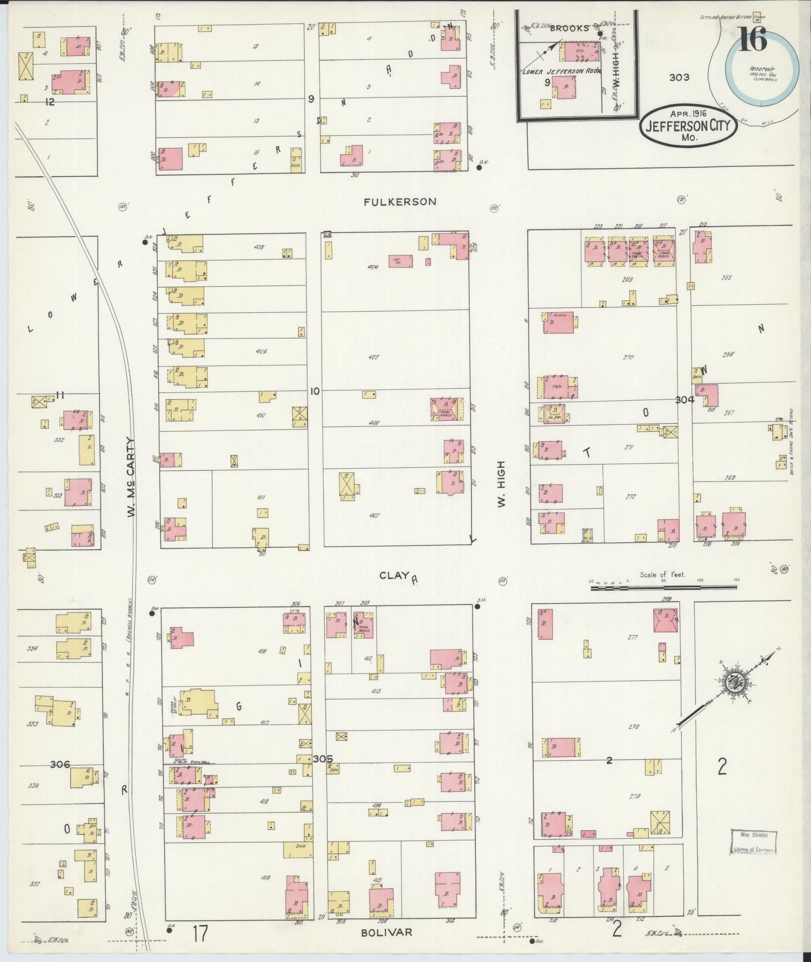 Sanborn Fire Insurance Map from Jefferson City, Cole County, Missouri (1916), Sheet #0016 - Historic Sanborn Fire Insurance Map Print, vintage old map wall art, antique decor, genealogy gift, Missouri Missouri map