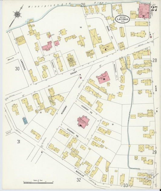 Sanborn Fire Insurance Map from Laconia, Belknap County, New Hampshire (1911), Sheet #0027 - Historic Sanborn Fire Insurance Map Print, vintage old map wall art, antique decor, genealogy gift, New Hampshire New Hampshire map