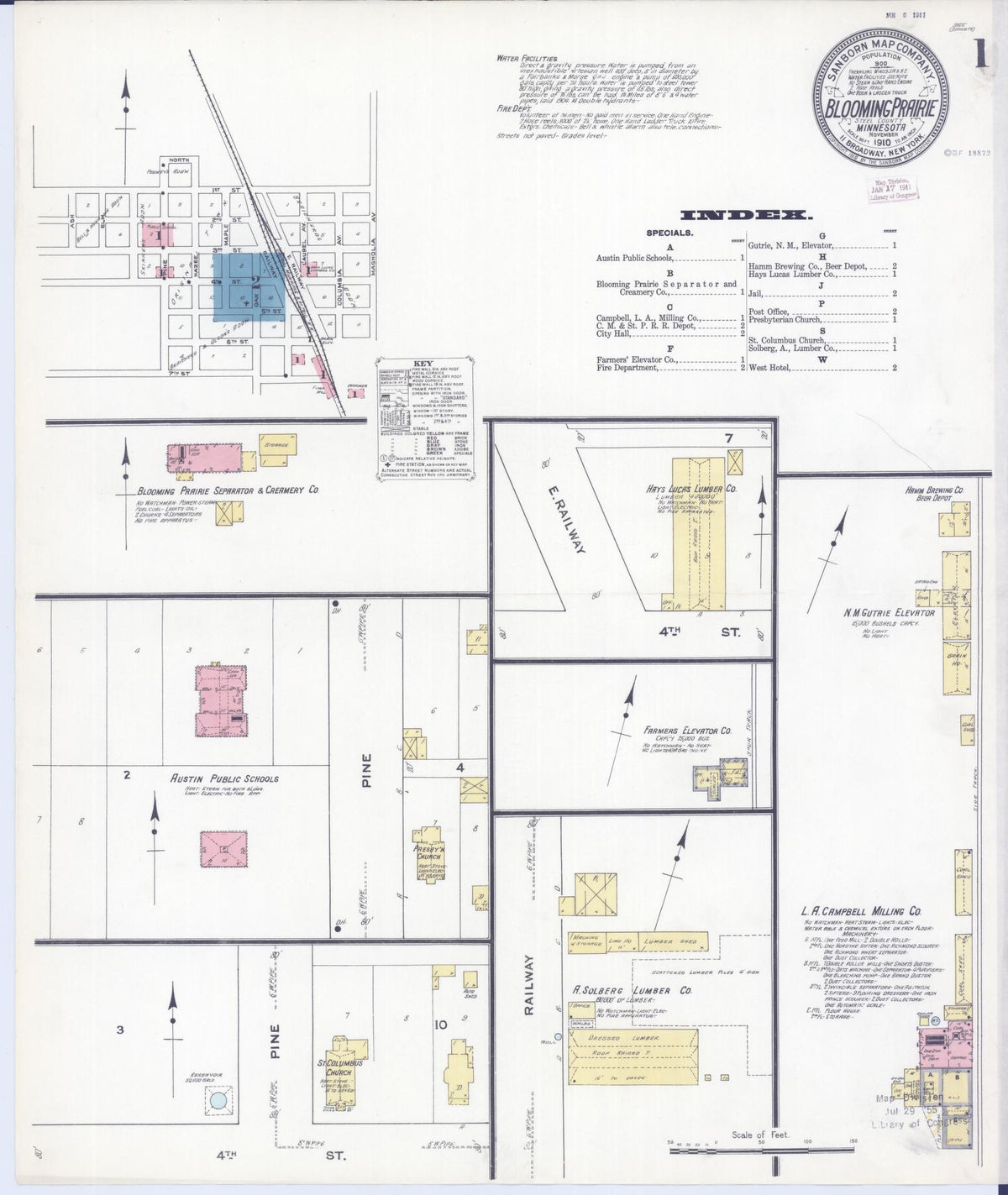 Sanborn Fire Insurance Map from Blooming Prairie, Steele County, Minnesota (1910), Sheet #0001 - Complete Map Set gallery image, historic Sanborn map, vintage wall art, Minnesota Minnesota