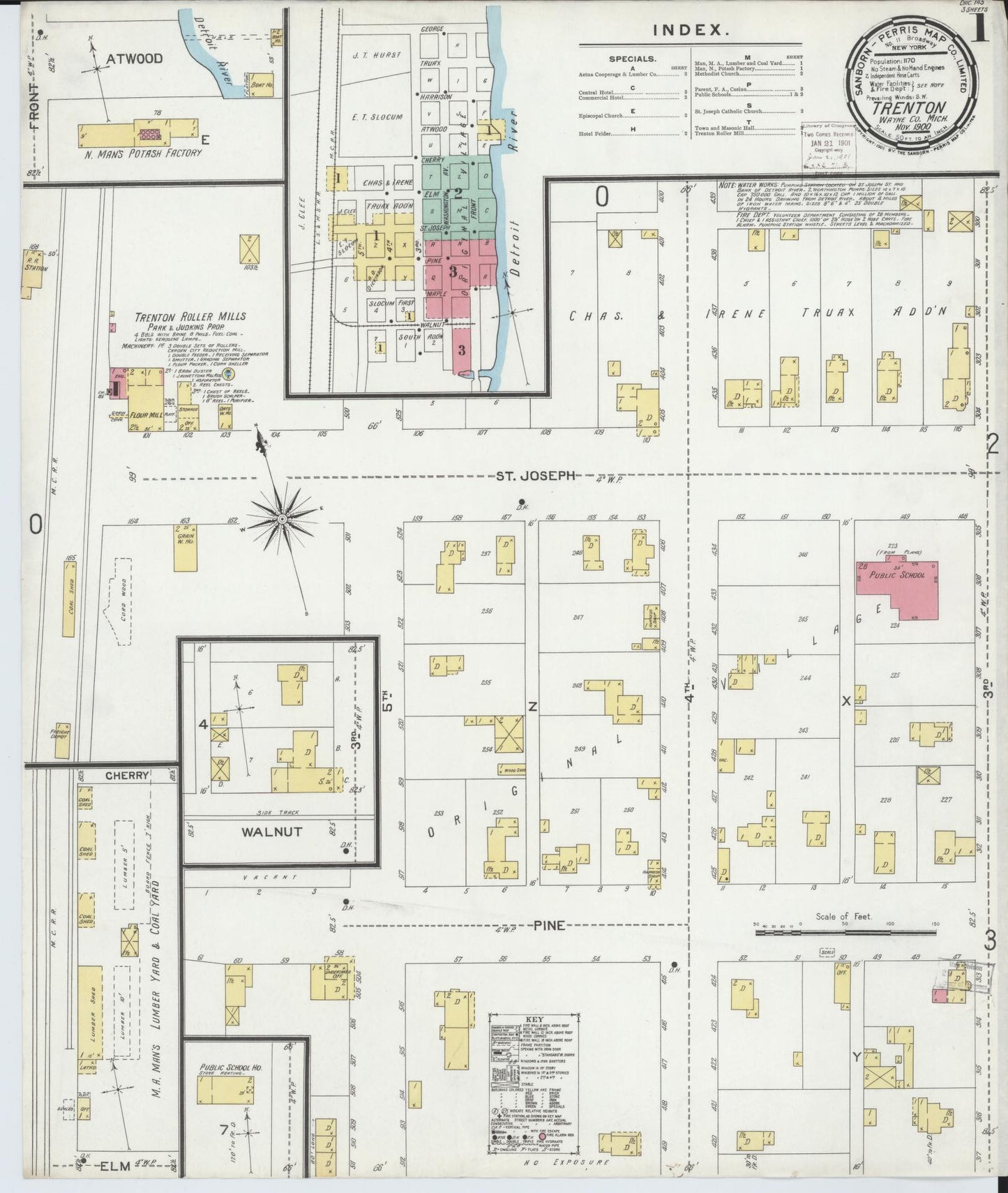 Sanborn Fire Insurance Map from Trenton, Wayne County, Michigan (1900), Sheet #0001 - Historic Sanborn Fire Insurance Map Print, vintage old map wall art, antique decor, genealogy gift, Michigan Michigan map