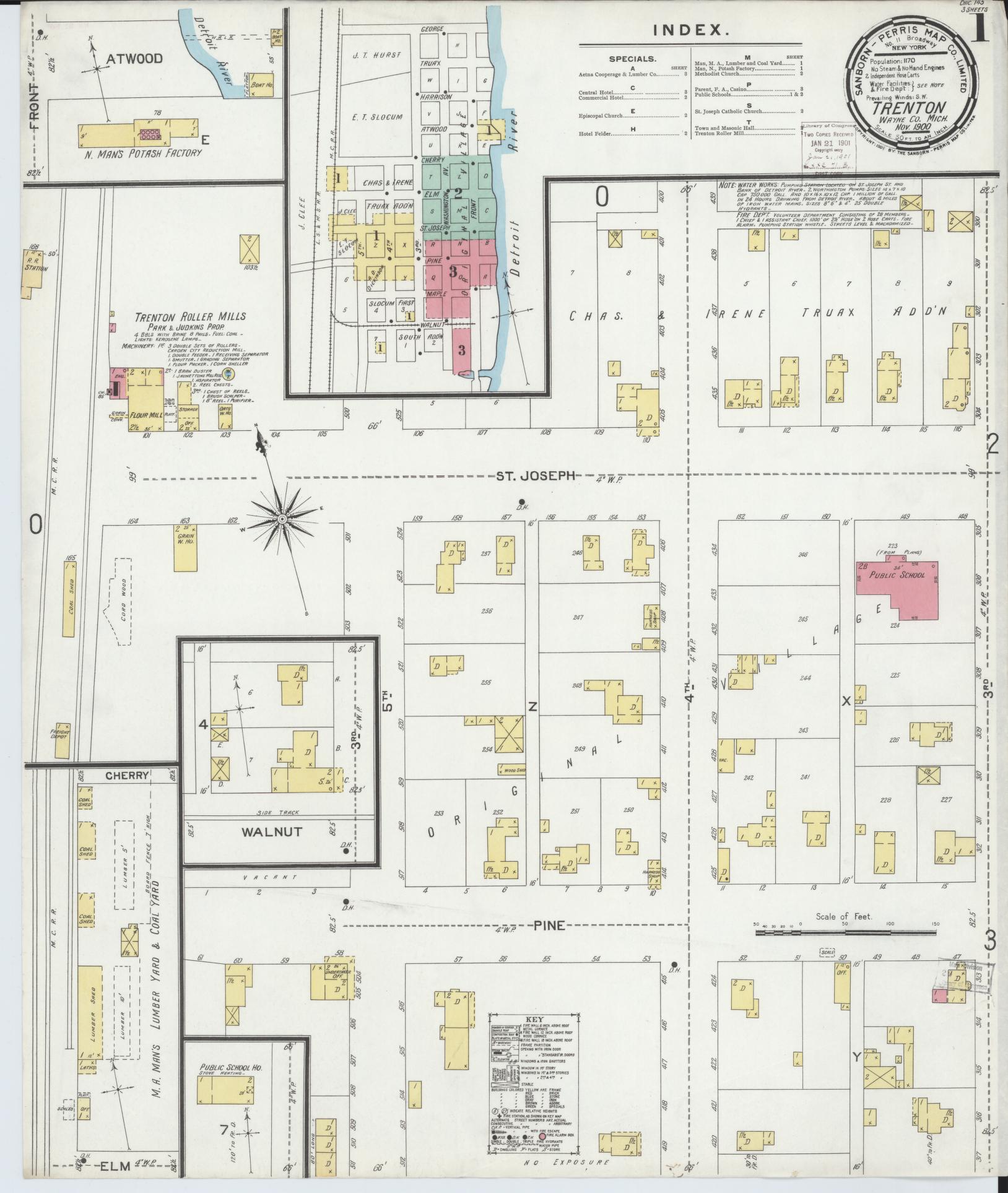 Sanborn Fire Insurance Map from Trenton, Wayne County, Michigan (1900), Sheet #0001 - Historic Sanborn Fire Insurance Map Print, vintage old map wall art, antique decor, genealogy gift, Michigan Michigan map