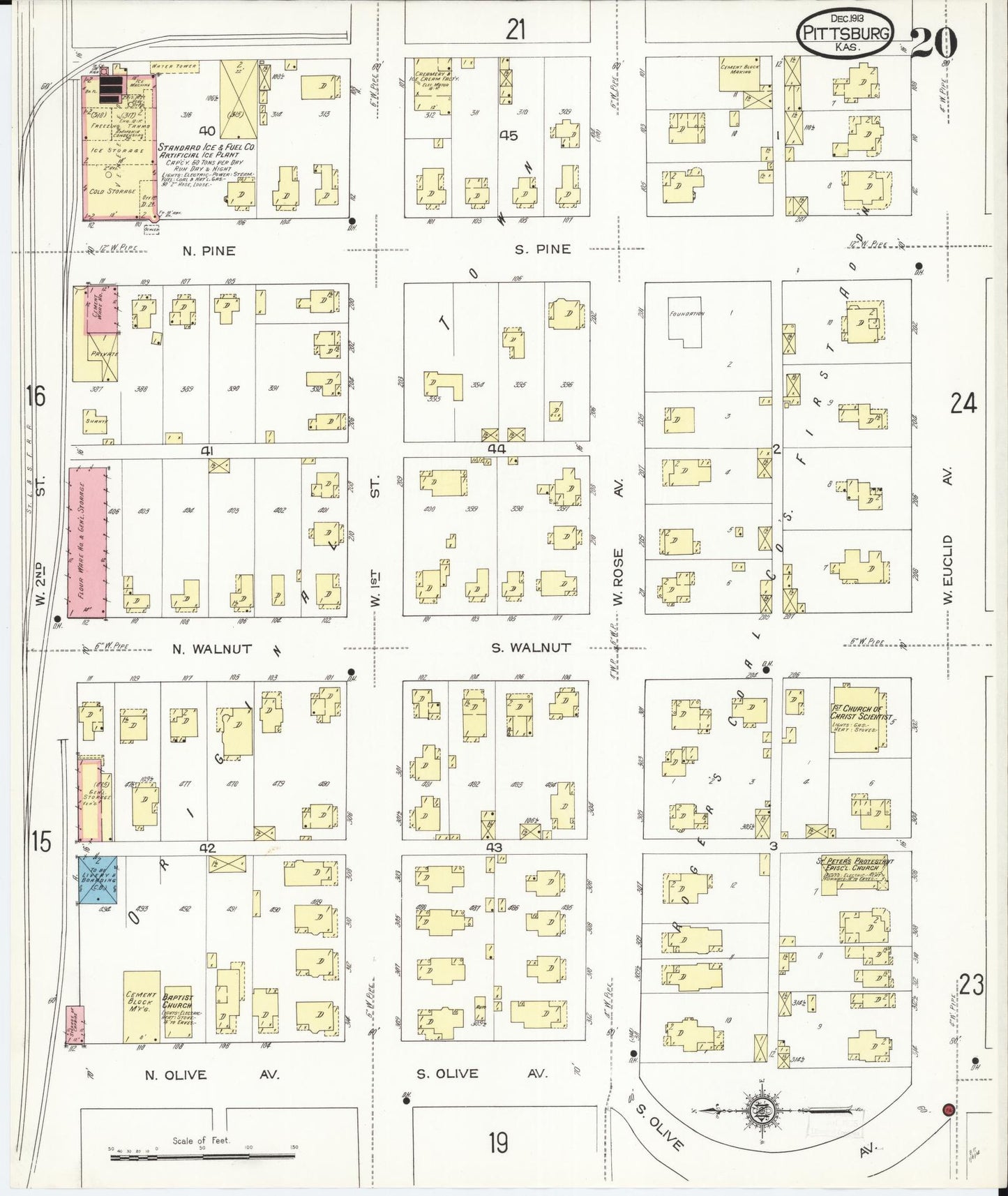 Sanborn Fire Insurance Map from Pittsburg, Crawford County, Kansas (1913), Sheet #0020 - Historic Sanborn Fire Insurance Map Print, vintage old map wall art, antique decor, genealogy gift, Kansas Kansas map
