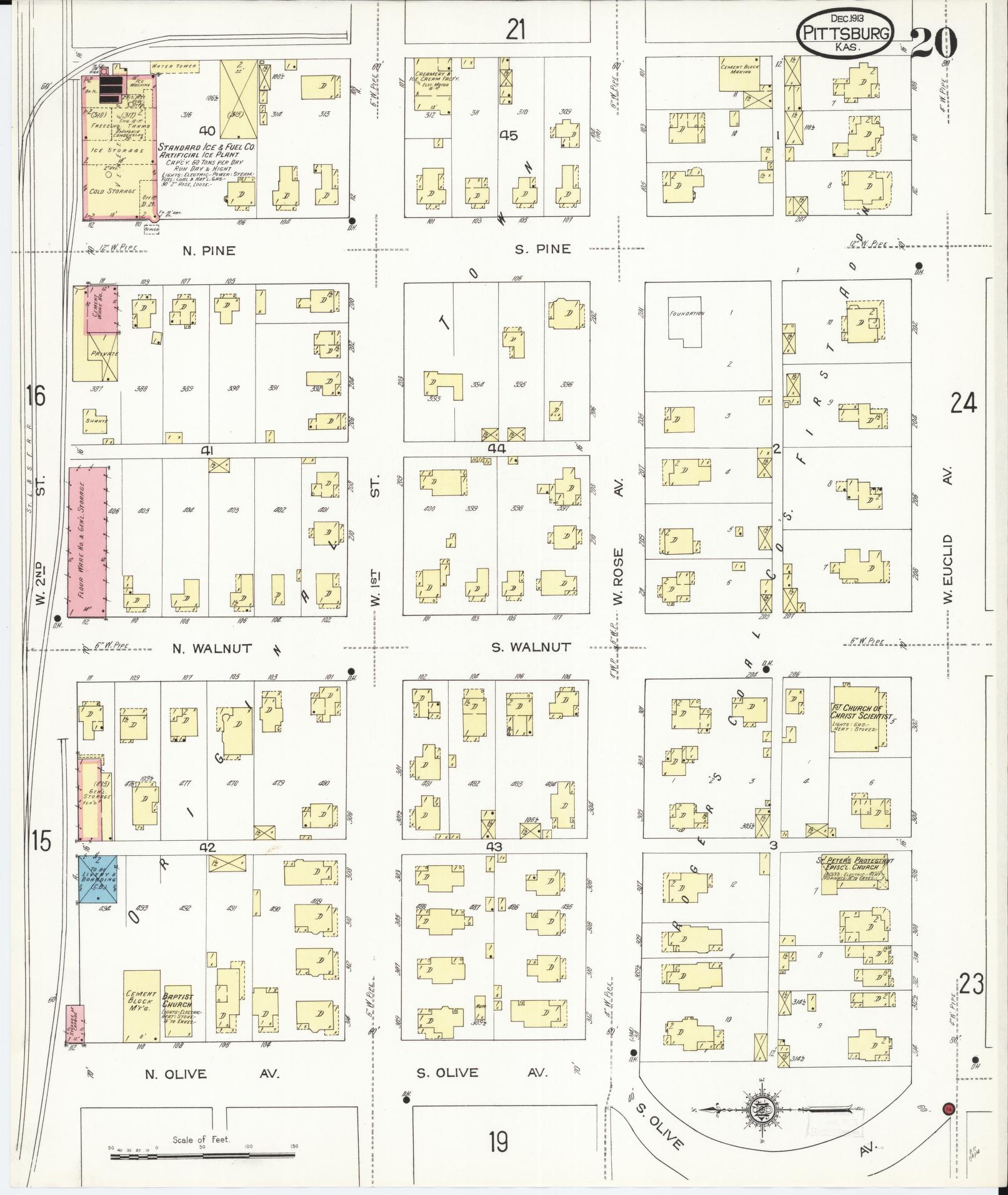 Sanborn Fire Insurance Map from Pittsburg, Crawford County, Kansas (1913), Sheet #0020 - Historic Sanborn Fire Insurance Map Print, vintage old map wall art, antique decor, genealogy gift, Kansas Kansas map