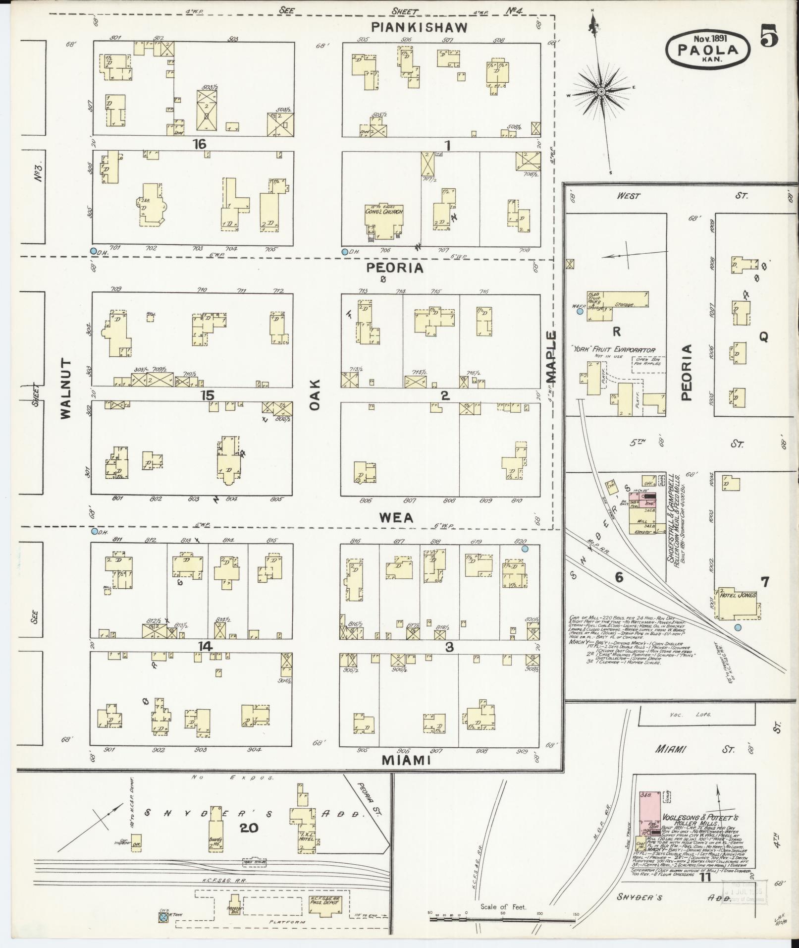 Sanborn Fire Insurance Map from Paola, Miami County, Kansas (1891), Sheet #0005 - Historic Sanborn Fire Insurance Map Print, vintage old map wall art, antique decor, genealogy gift, Kansas Kansas map