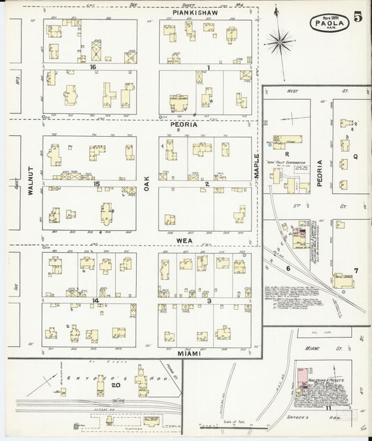 Sanborn Fire Insurance Map from Paola, Miami County, Kansas (1891), Sheet #0005 - Historic Sanborn Fire Insurance Map Print, vintage old map wall art, antique decor, genealogy gift, Kansas Kansas map