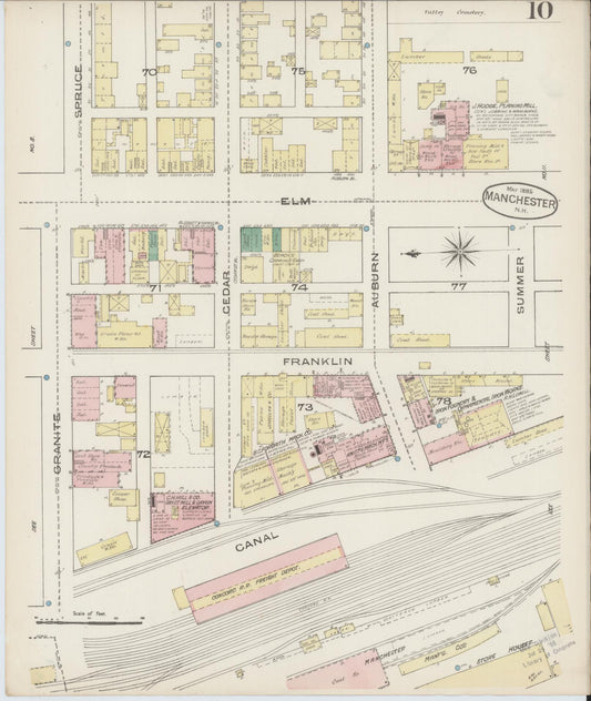 Sanborn Fire Insurance Map from Manchester, Hillsborough County, New Hampshire (1885), Sheet #0010 - Historic Sanborn Fire Insurance Map Print, vintage old map wall art, antique decor, genealogy gift, New Hampshire New Hampshire map