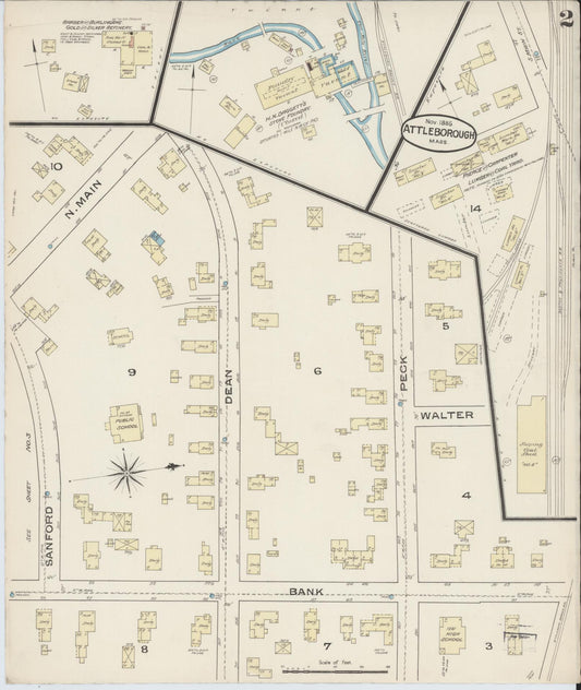 Sanborn Fire Insurance Map from Attleboro, Bristol County, Massachusetts (1885), Sheet #0002 - Historic Sanborn Fire Insurance Map Print, vintage old map wall art, antique decor, genealogy gift, Massachusetts Massachusetts map