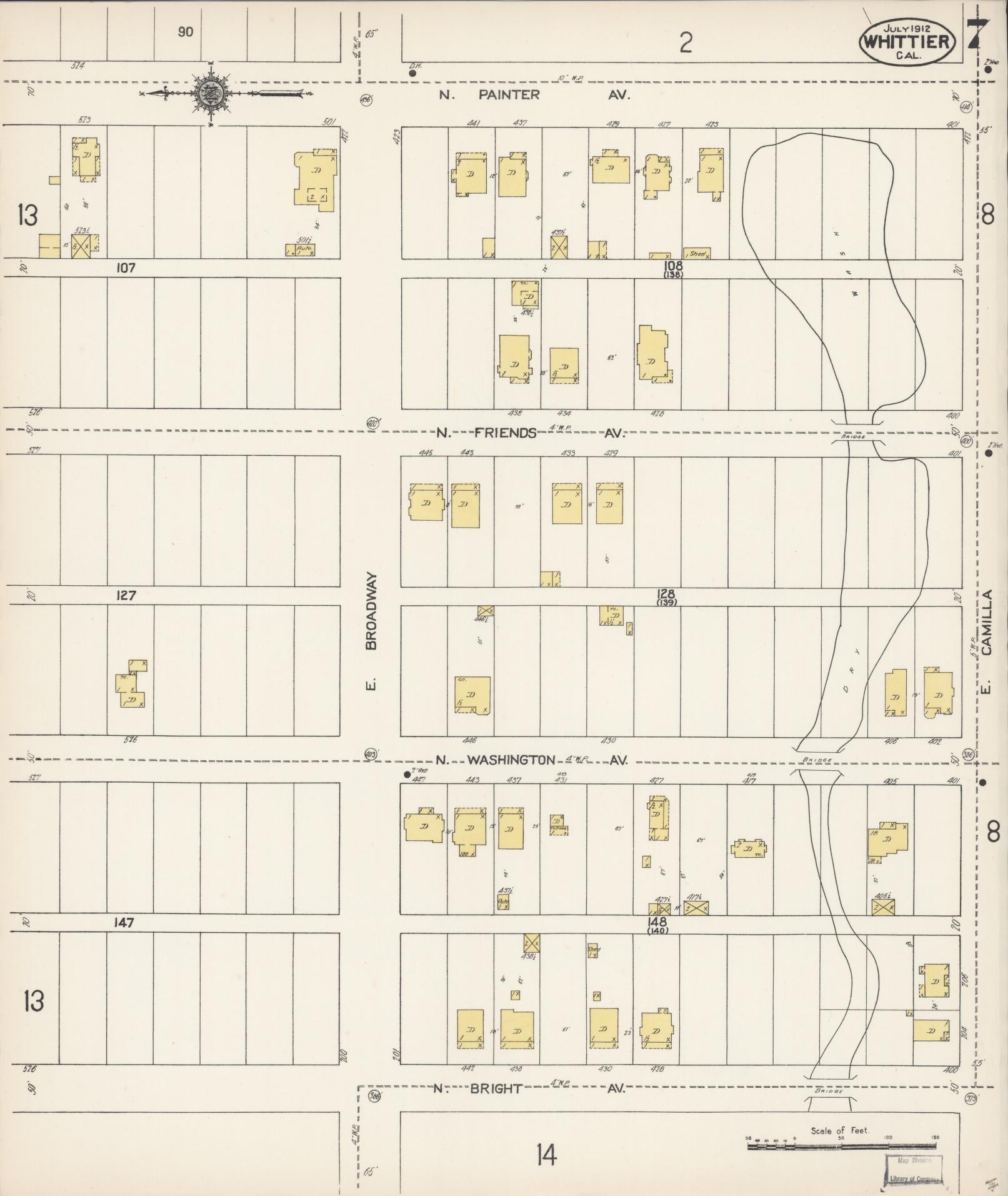 Sanborn Fire Insurance Map from Whittier, Los Angeles County, California (1912), Sheet #0007 - Complete Map Set gallery image, historic Sanborn map, vintage wall art, California California