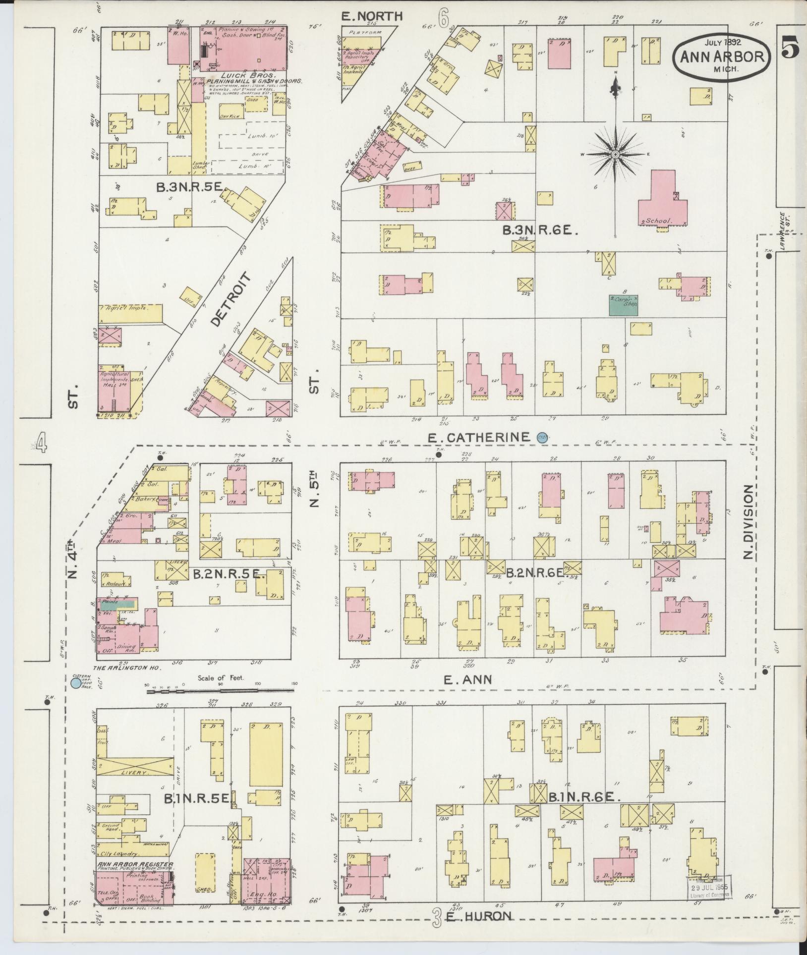 Sanborn Fire Insurance Map from Ann Arbor, Washtenaw County, Michigan (1892), Sheet #0005 - Complete Map Set gallery image, historic Sanborn map, vintage wall art, Michigan Michigan