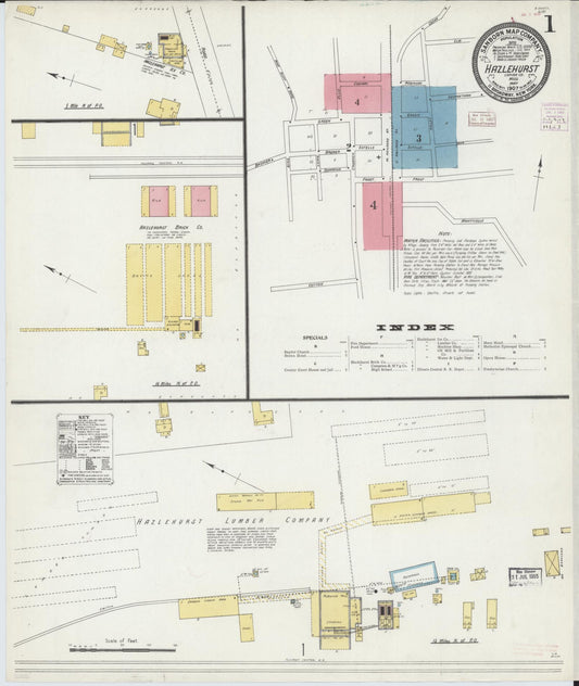 Sanborn Fire Insurance Map from Hazlehurst, Copiah County, Mississippi (1907), Sheet #0001 - Historic Sanborn Fire Insurance Map Print, vintage old map wall art, antique decor, genealogy gift, Mississippi Mississippi map