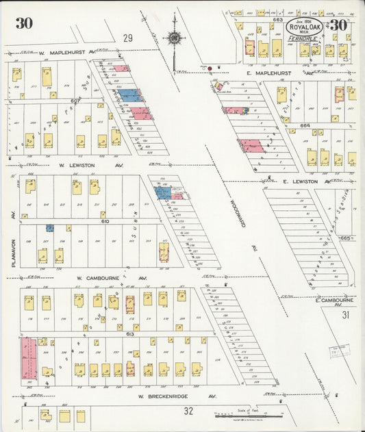 Sanborn Fire Insurance Map from Royal Oak, Oakland County, Michigan (1926), Sheet #0030 - Historic Sanborn Fire Insurance Map Print, vintage old map wall art, antique decor, genealogy gift, Michigan Michigan map