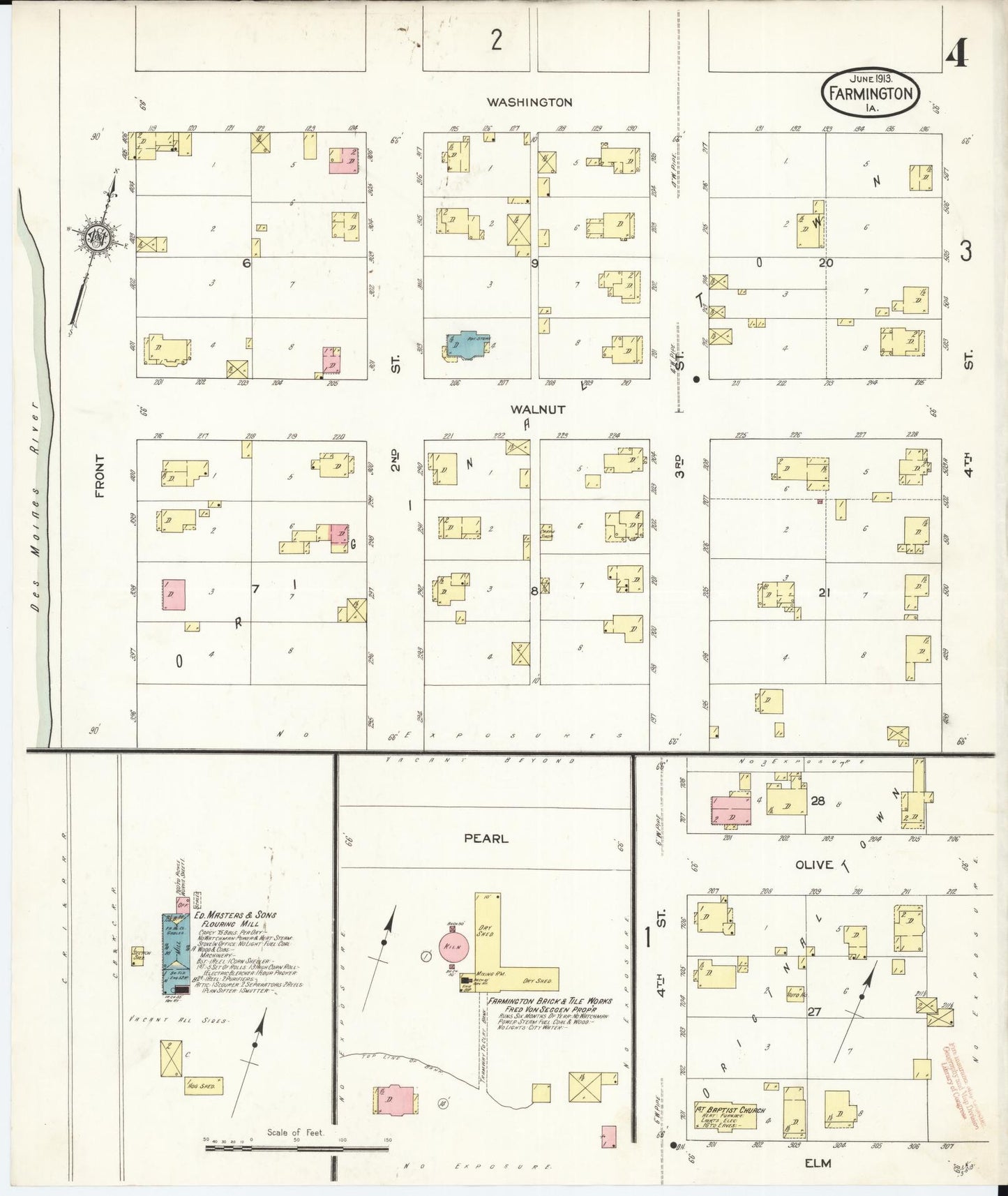 Sanborn Fire Insurance Map from Farmington, Van Buren County, Iowa (1913), Sheet #0004 - Historic Sanborn Fire Insurance Map Print, vintage old map wall art