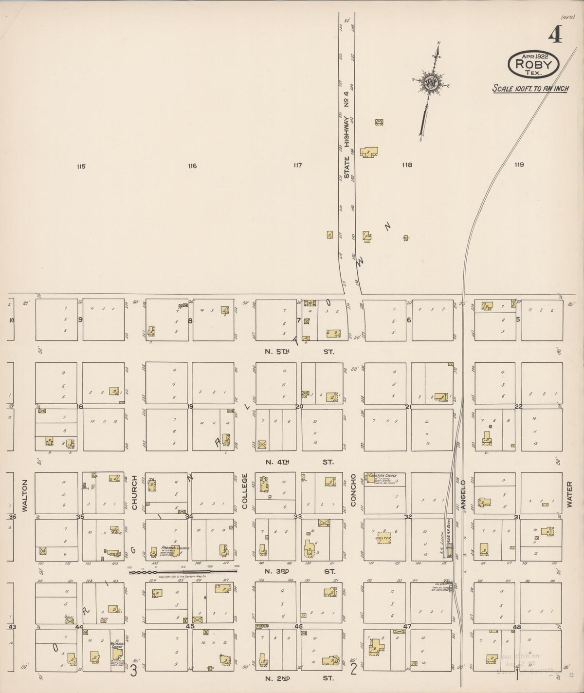 Sanborn Fire Insurance Map from Roby, Fisher County, Texas (1922), Sheet #0004 - Complete Map Set gallery image, historic Sanborn map, vintage wall art, Texas Texas