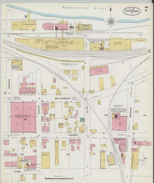 Sanborn Fire Insurance Map from Petersburg, Independent Cities, Virginia (1908), Sheet #0007 - Historic Sanborn Fire Insurance Map Print, vintage old map wall art, antique decor, genealogy gift, Virginia Virginia map
