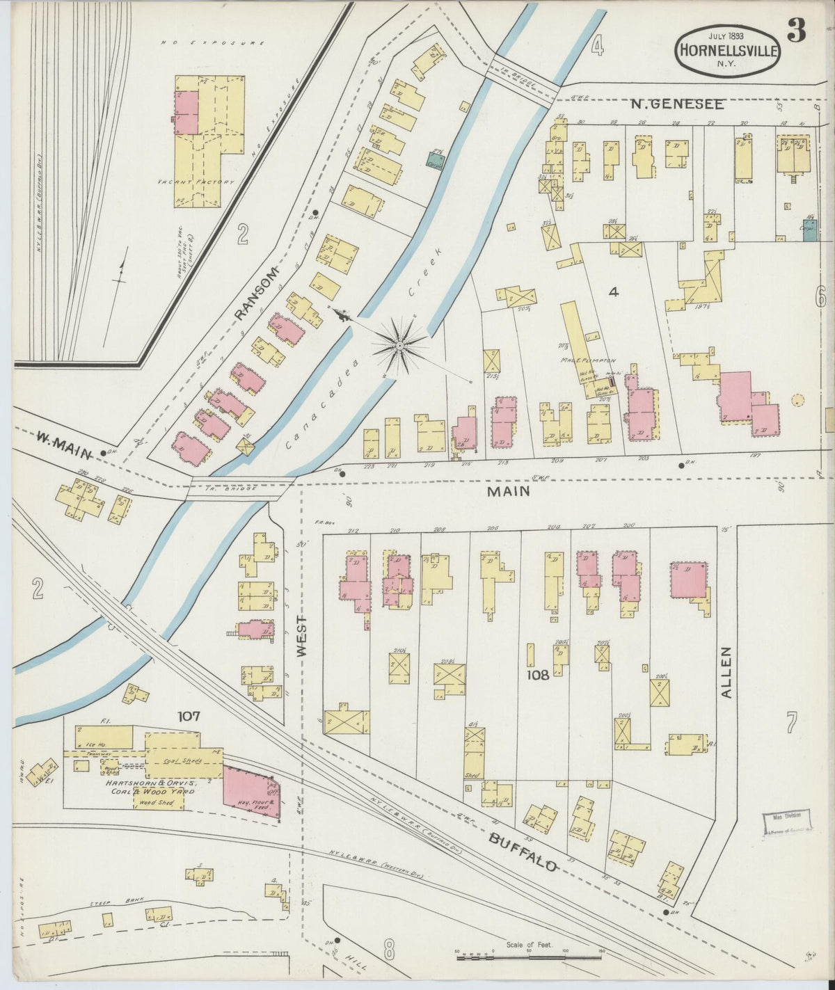 Sanborn Fire Insurance Map from Hornell, Steuben County, New York (1893), Sheet #0003 - Complete Map Set gallery image, historic Sanborn map, vintage wall art, New York New York