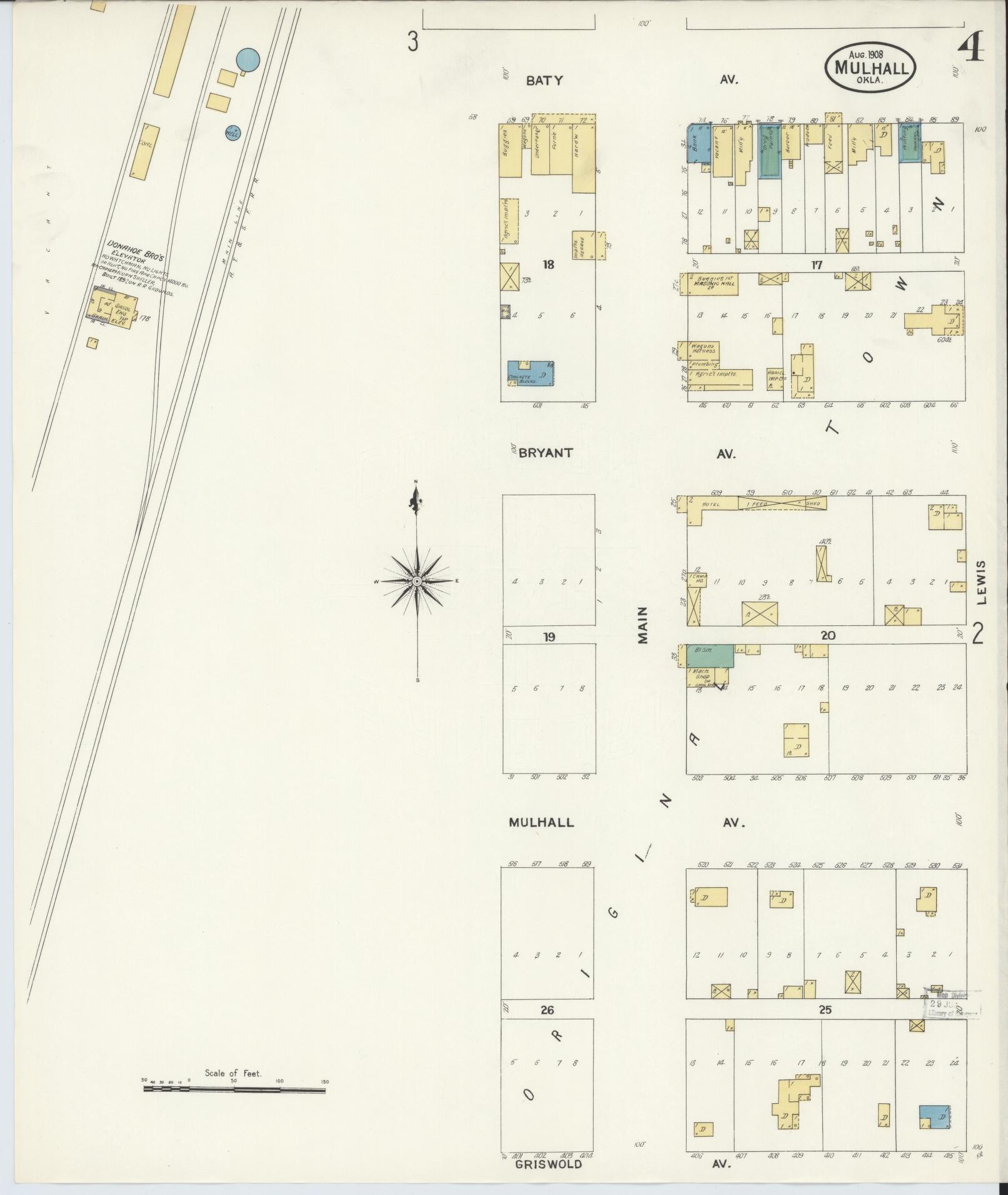 Sanborn Fire Insurance Map from Mulhall, Logan County, Oklahoma (1908), Sheet #0004 - Complete Map Set gallery image, historic Sanborn map, vintage wall art, Oklahoma Oklahoma