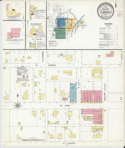 Sanborn Fire Insurance Map from Clarksville, Johnson County, Arkansas (1908), Sheet #0001 - Complete Map Set gallery image, historic Sanborn map, vintage wall art, Arkansas Arkansas