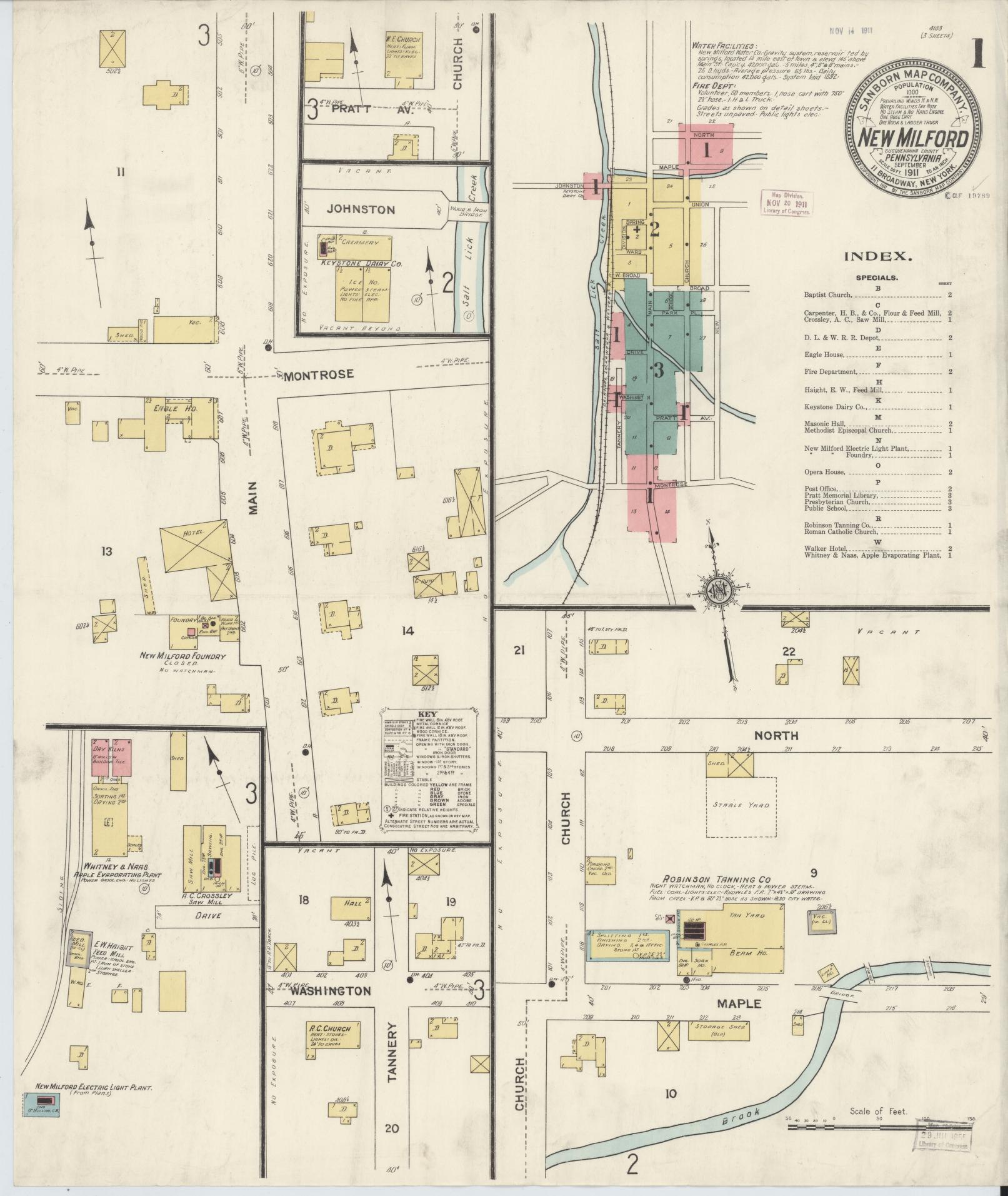 Sanborn Fire Insurance Map from New Milford, Susquehanna County, Pennsylvania (1911), Sheet #0001 - Complete Map Set gallery image, historic Sanborn map, vintage wall art, Pennsylvania Pennsylvania