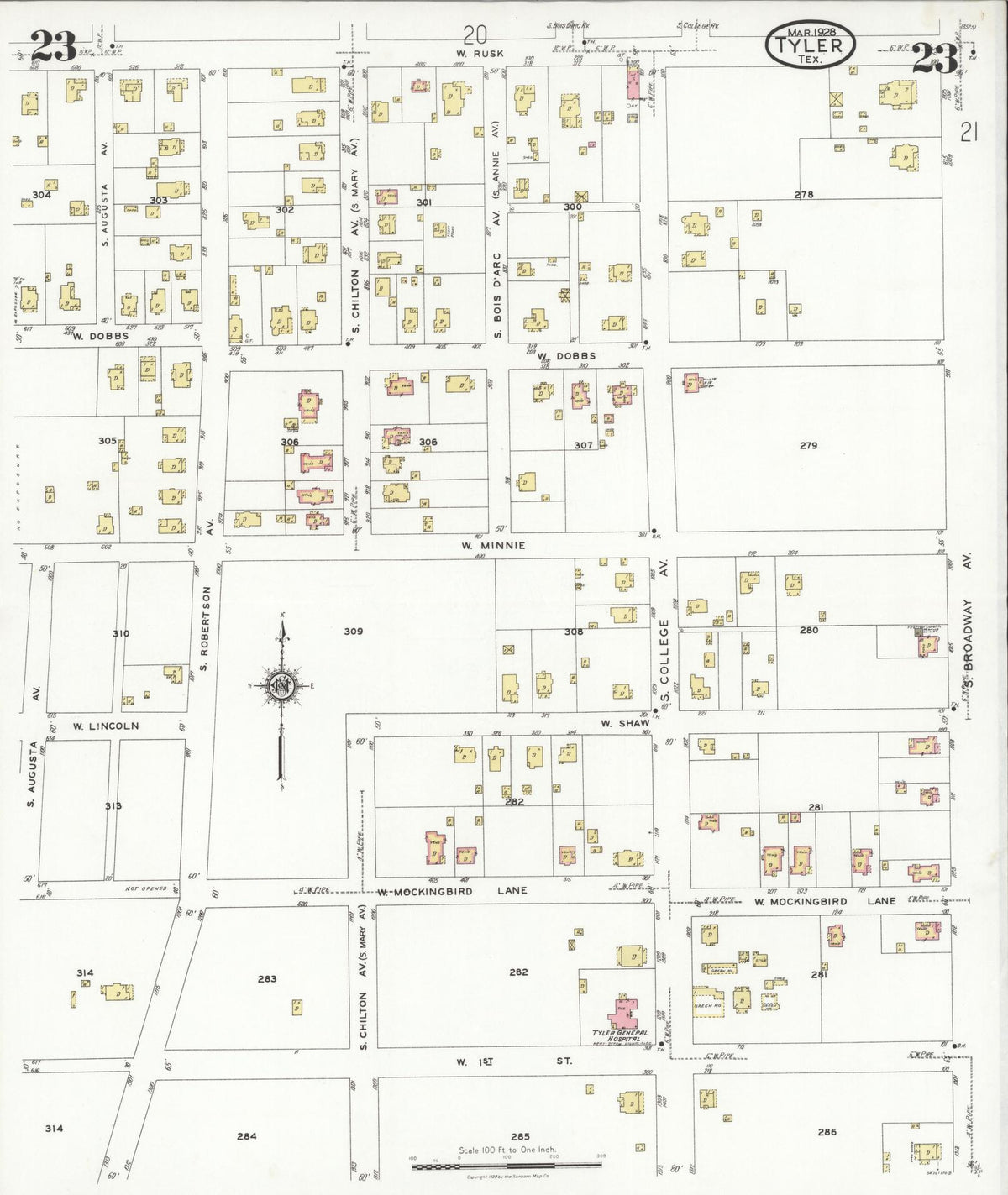Sanborn Fire Insurance Map from Tyler, Smith County, Texas (1928), Sheet #0023 - Complete Map Set gallery image, historic Sanborn map, vintage wall art, Texas Texas