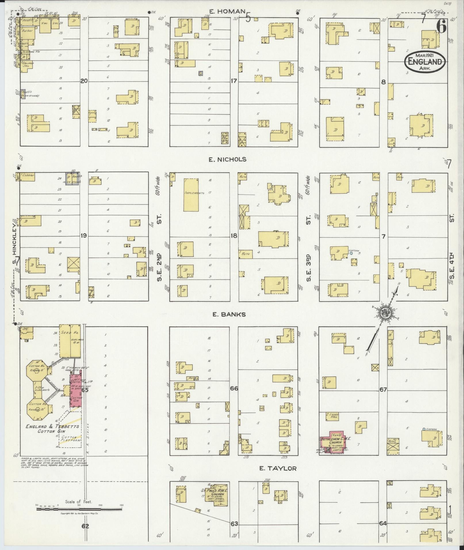 Sanborn Fire Insurance Map from England, Lonoke County, Arkansas (1921), Sheet #0006 - Complete Map Set gallery image, historic Sanborn map, vintage wall art, Arkansas Arkansas