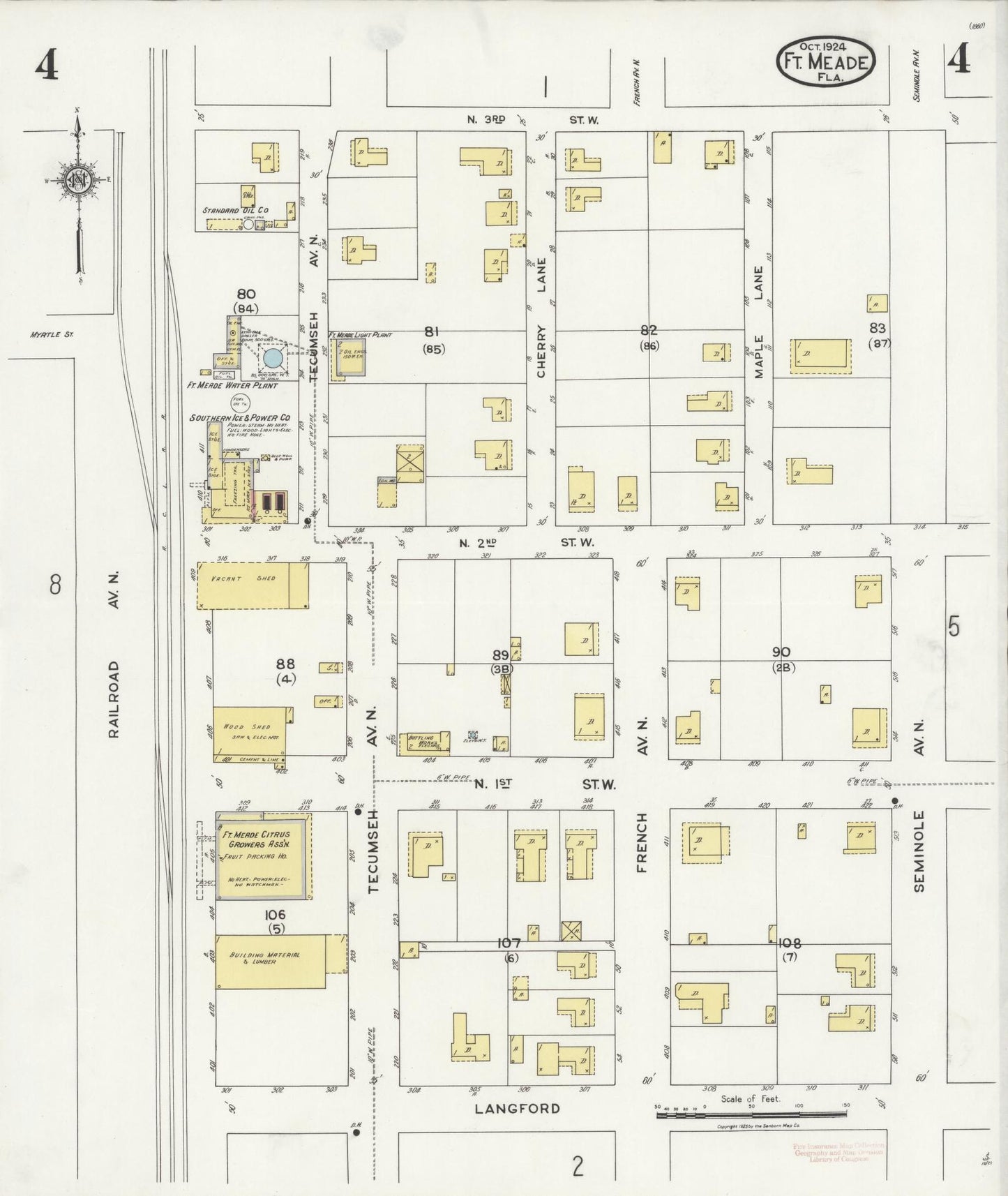 Sanborn Fire Insurance Map from Fort Meade, Polk County, Florida (1924), Sheet #0004 - Complete Map Set gallery image, historic Sanborn map, vintage wall art, Florida Florida