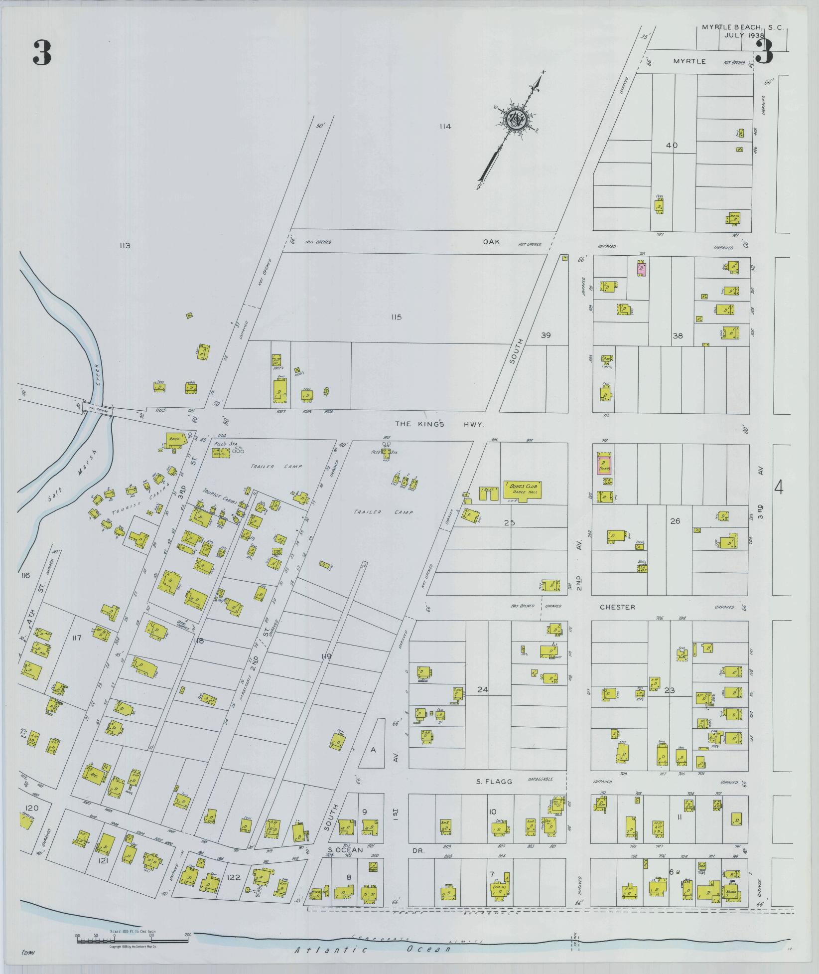 Sanborn Fire Insurance Map from Myrtle Beach, Horry County, South Carolina (1938), Sheet #0003 - Complete Map Set gallery image, historic Sanborn map, vintage wall art, South Carolina South Carolina