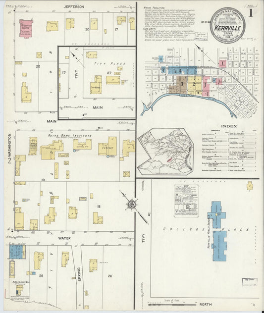 Sanborn Fire Insurance Map from Kerrville, Kerr County, Texas (1916), Sheet #0001 - Historic Sanborn Fire Insurance Map Print, vintage old map wall art, antique decor, genealogy gift, Texas Texas map