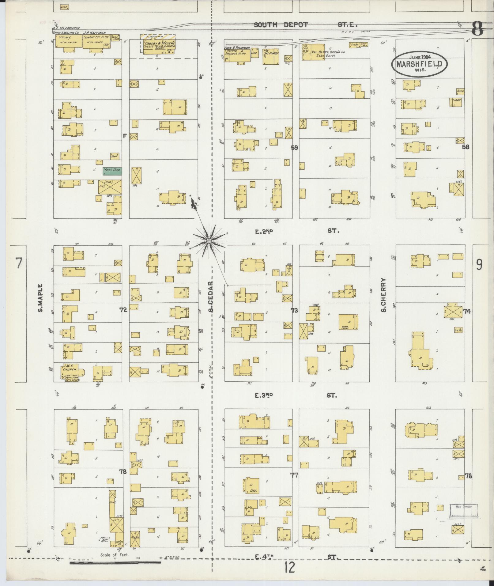 Sanborn Fire Insurance Map from Marshfield, Wood County, Wisconsin (1904), Sheet #0008 - Historic Sanborn Fire Insurance Map Print, vintage old map wall art, antique decor, genealogy gift, Wisconsin Wisconsin map