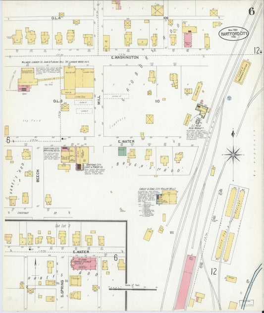 Sanborn Fire Insurance Map from Hartford City, Blackford County, Indiana (1901), Sheet #0006 - Historic Sanborn Fire Insurance Map Print, vintage old map wall art, antique decor, genealogy gift, Indiana Indiana map
