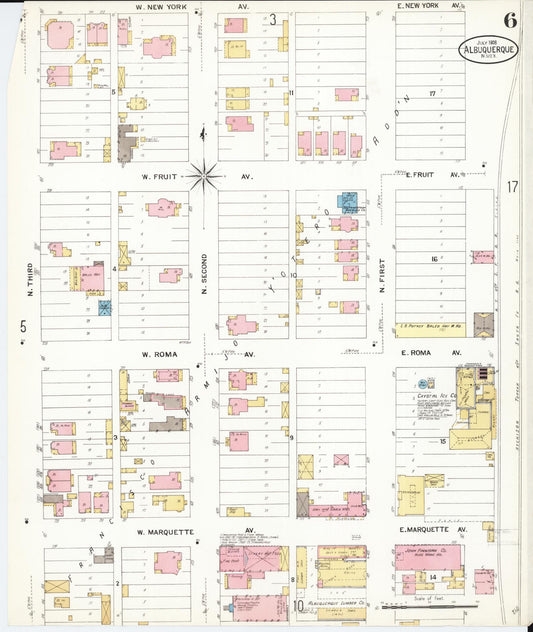 Sanborn Fire Insurance Map from Albuquerque, Bernalillo County, New Mexico (1908), Sheet #0006 - Historic Sanborn Fire Insurance Map Print, vintage old map wall art, antique decor, genealogy gift, New Mexico New Mexico map