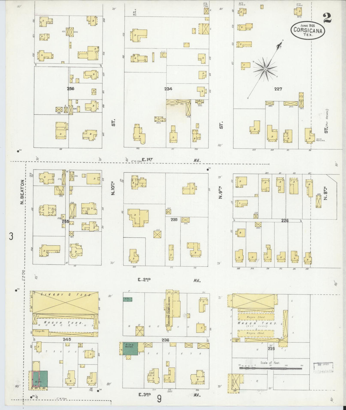 Sanborn Fire Insurance Map from Corsicana, Navarro County, Texas (1905), Sheet #0002 - Complete Map Set gallery image, historic Sanborn map, vintage wall art, Texas Texas
