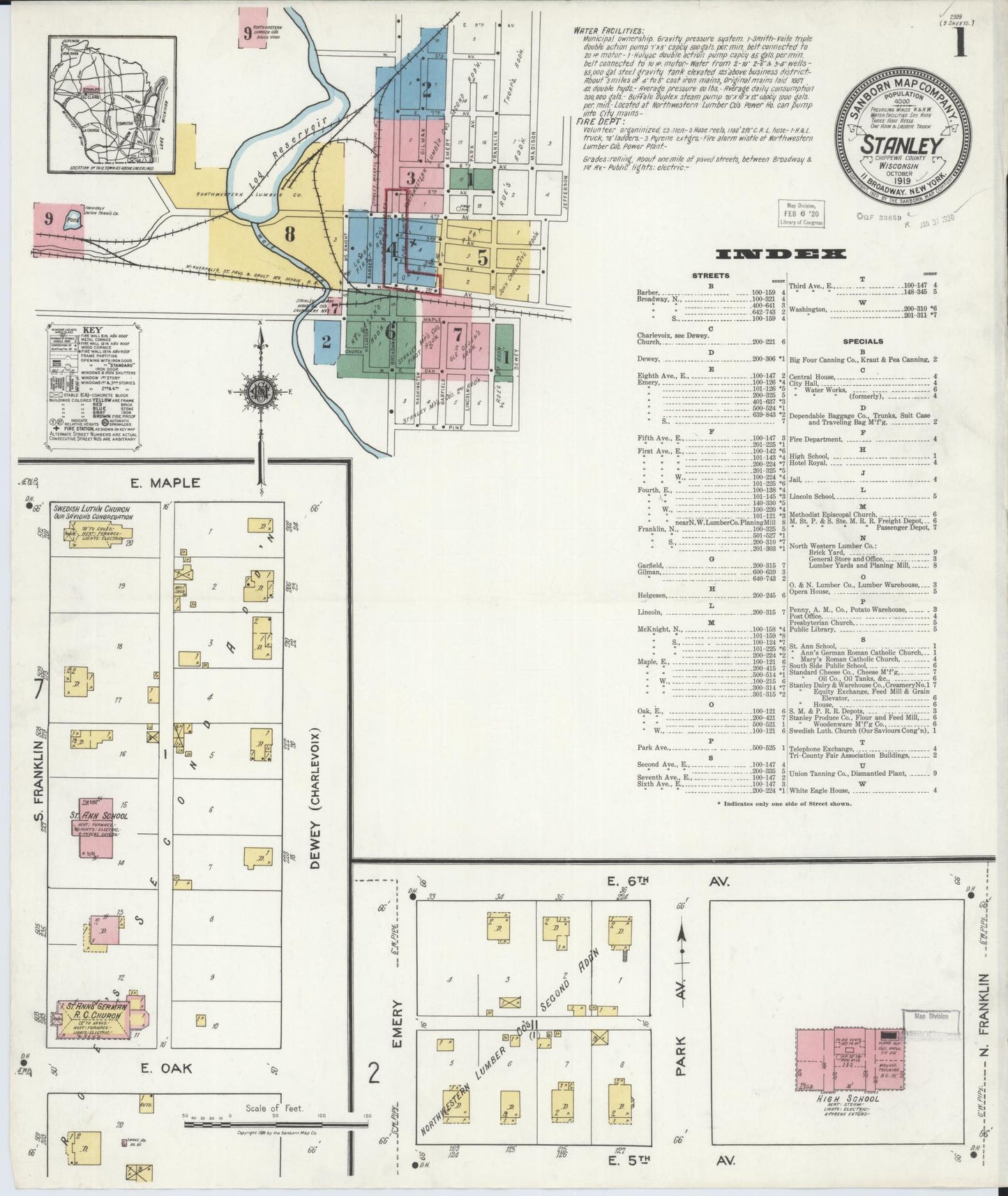 Sanborn Fire Insurance Map from Stanley, Chippewa County, Wisconsin (1919), Sheet #0001 - Historic Sanborn Fire Insurance Map Print, vintage old map wall art, antique decor, genealogy gift, Wisconsin Wisconsin map