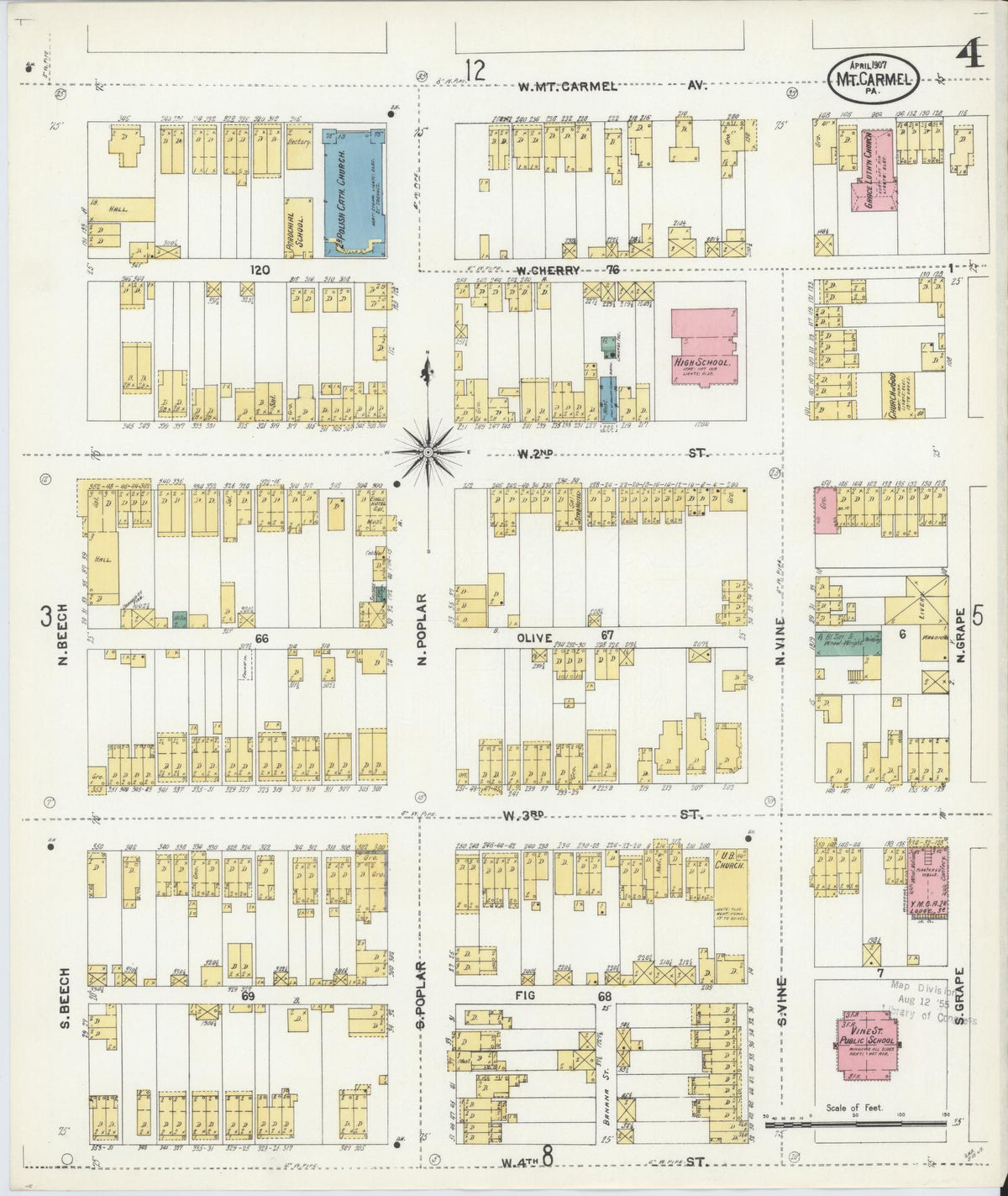 Sanborn Fire Insurance Map from Mount Carmel, Northumberland County, Pennsylvania (1907), Sheet #0004 - Historic Sanborn Fire Insurance Map Print, vintage old map wall art, antique decor, genealogy gift, Pennsylvania Pennsylvania map