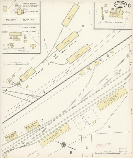 Sanborn Fire Insurance Map from Hollister, San Benito County, California (1910), Sheet #0006 - Historic Sanborn Fire Insurance Map Print, vintage old map wall art, antique decor, genealogy gift, California California map