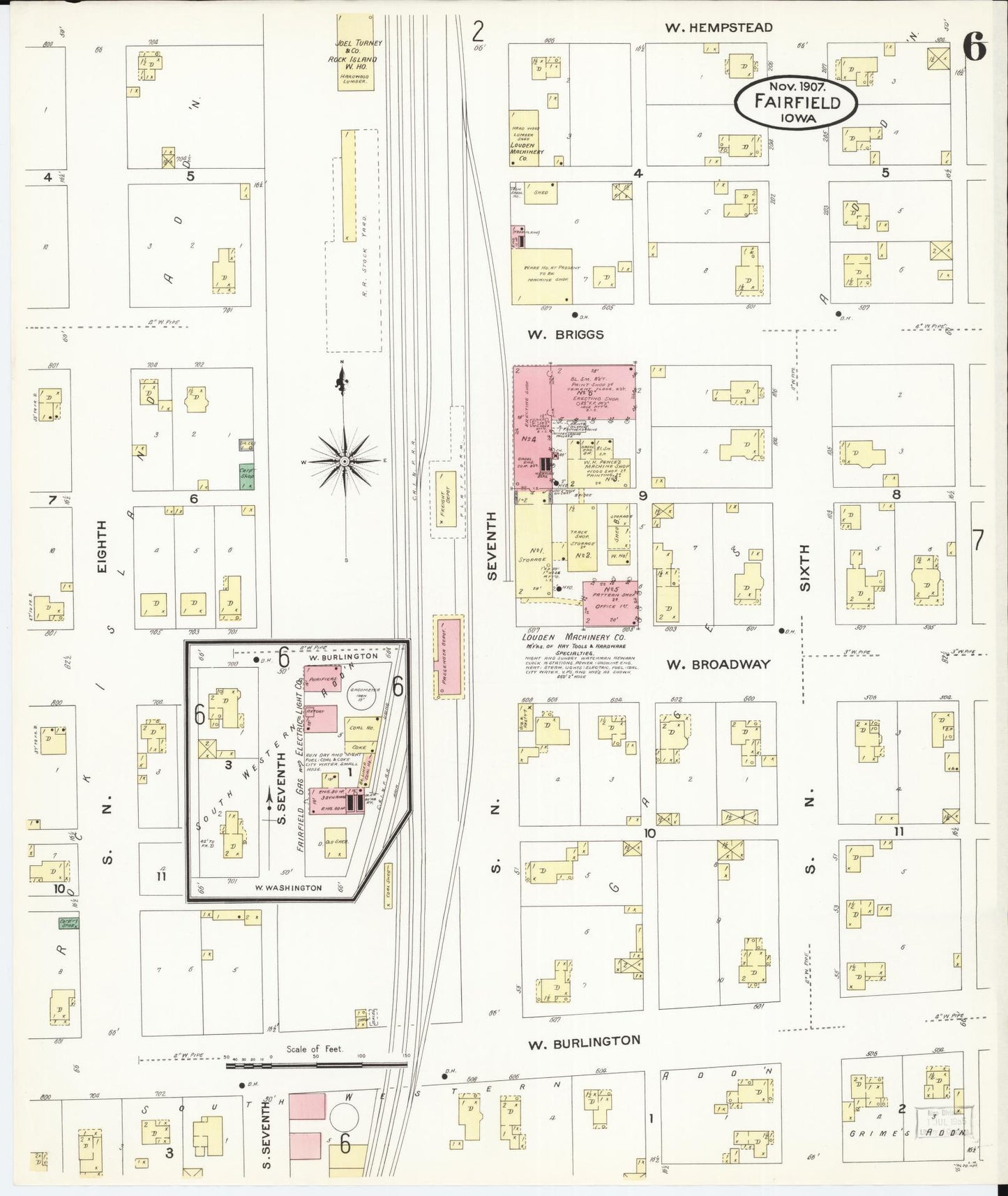 Sanborn Fire Insurance Map from Fairfield, Jefferson County, Iowa (1907), Sheet #0006 - Historic Sanborn Fire Insurance Map Print, vintage old map wall art