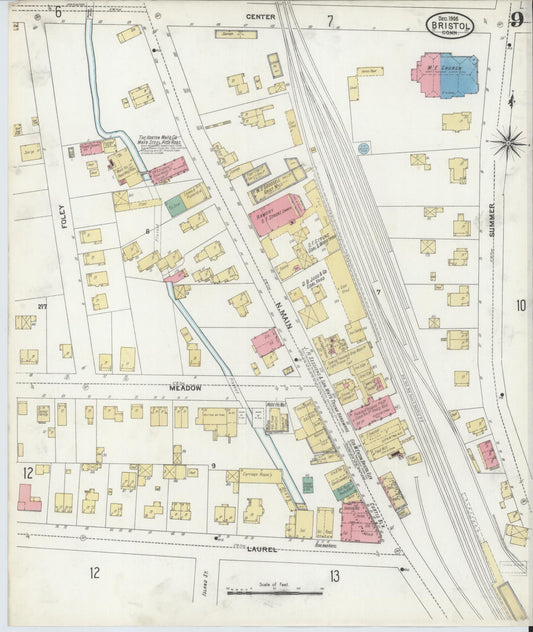Sanborn Fire Insurance Map from Bristol, Hartford County, Connecticut (1905), Sheet #0009 - Historic Sanborn Fire Insurance Map Print, vintage old map wall art, antique decor, genealogy gift, Connecticut Connecticut map