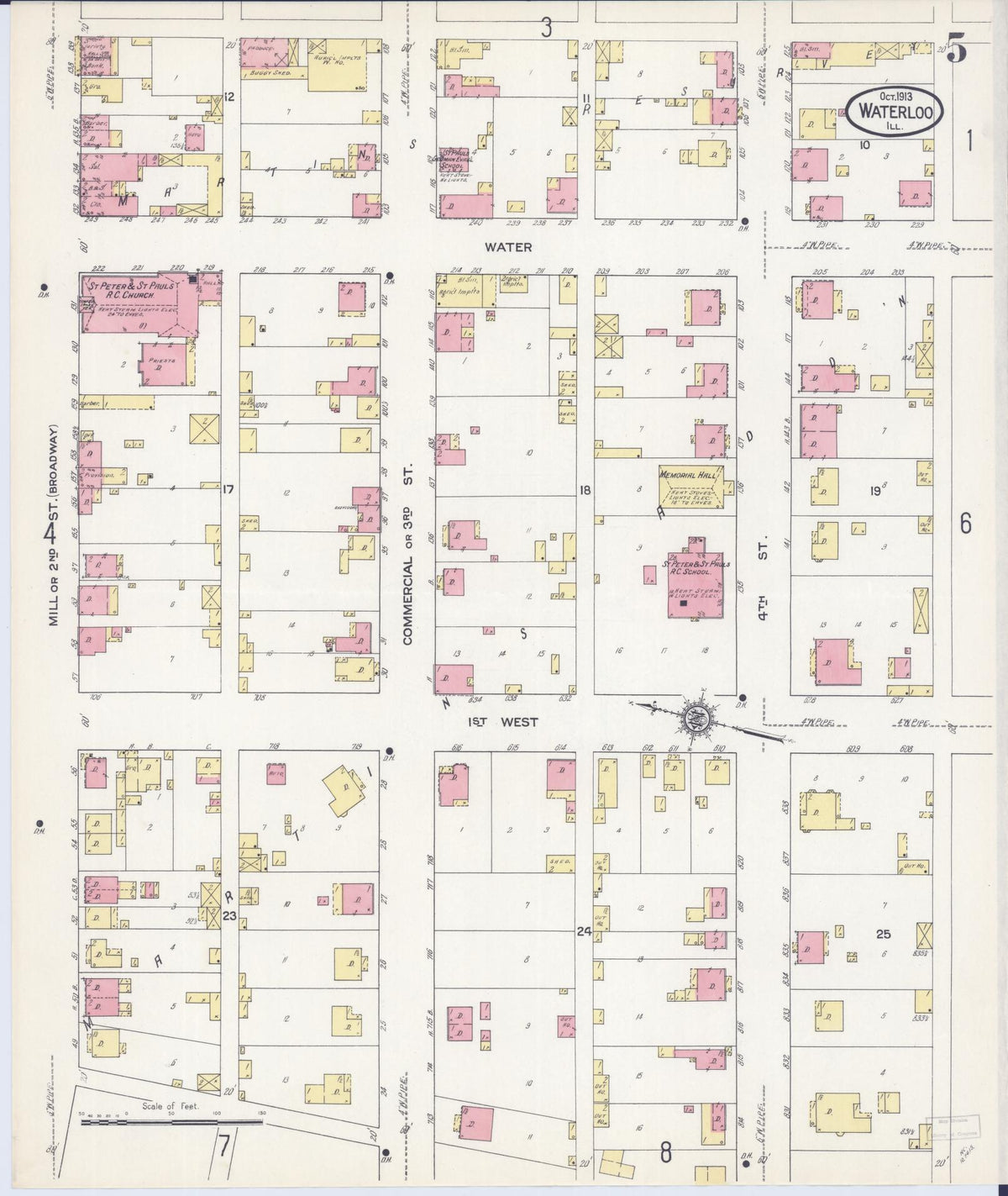 Sanborn Fire Insurance Map from Waterloo, Monroe County, Illinois (1913), Sheet #0005 - Historic Sanborn Fire Insurance Map Print, vintage old map wall art, antique decor, genealogy gift, Illinois Illinois map