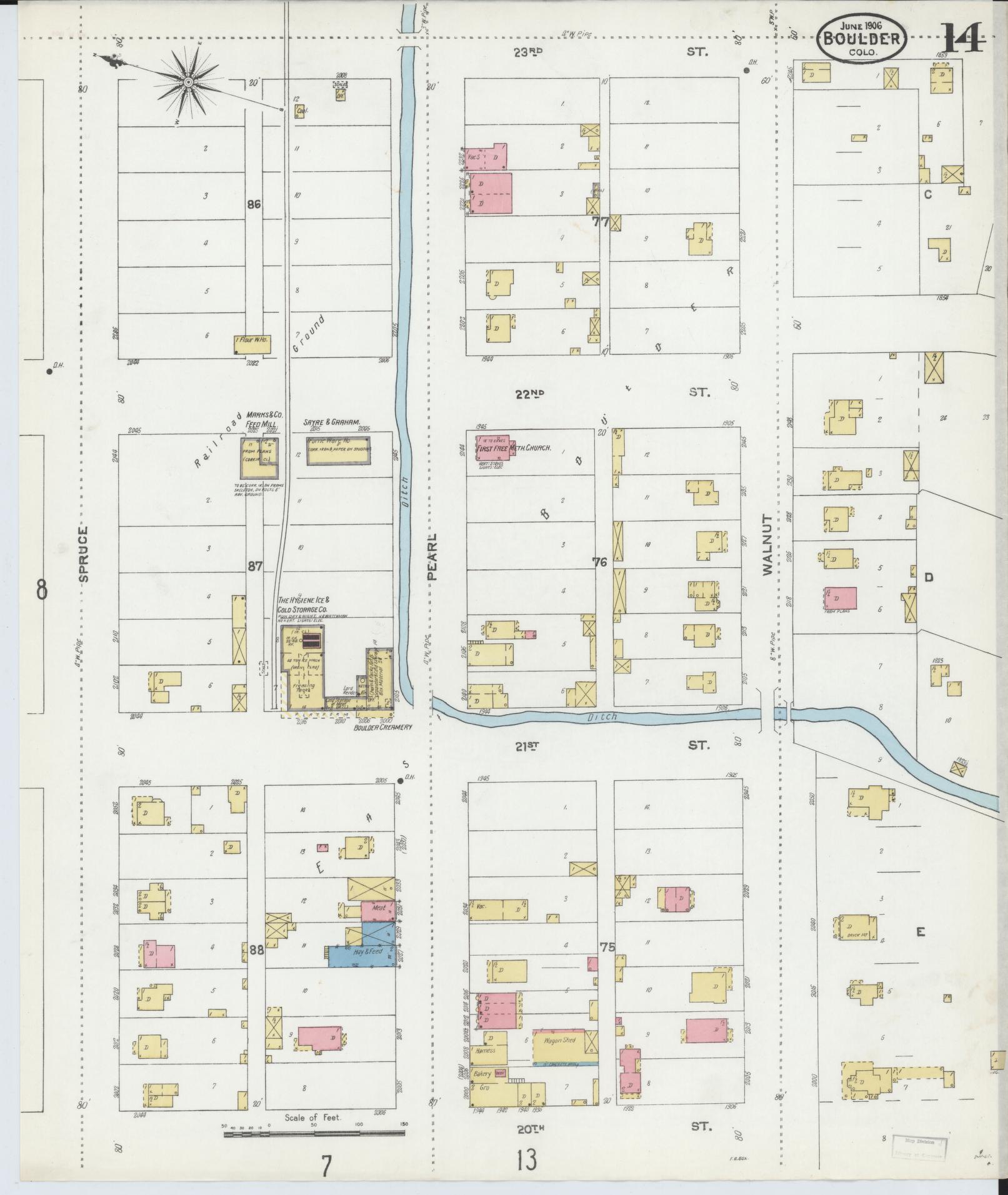 Sanborn Fire Insurance Map from Boulder, Boulder County, Colorado (1906), Sheet #0014 - Historic Sanborn Fire Insurance Map Print, vintage old map wall art, antique decor, genealogy gift, Colorado Colorado map