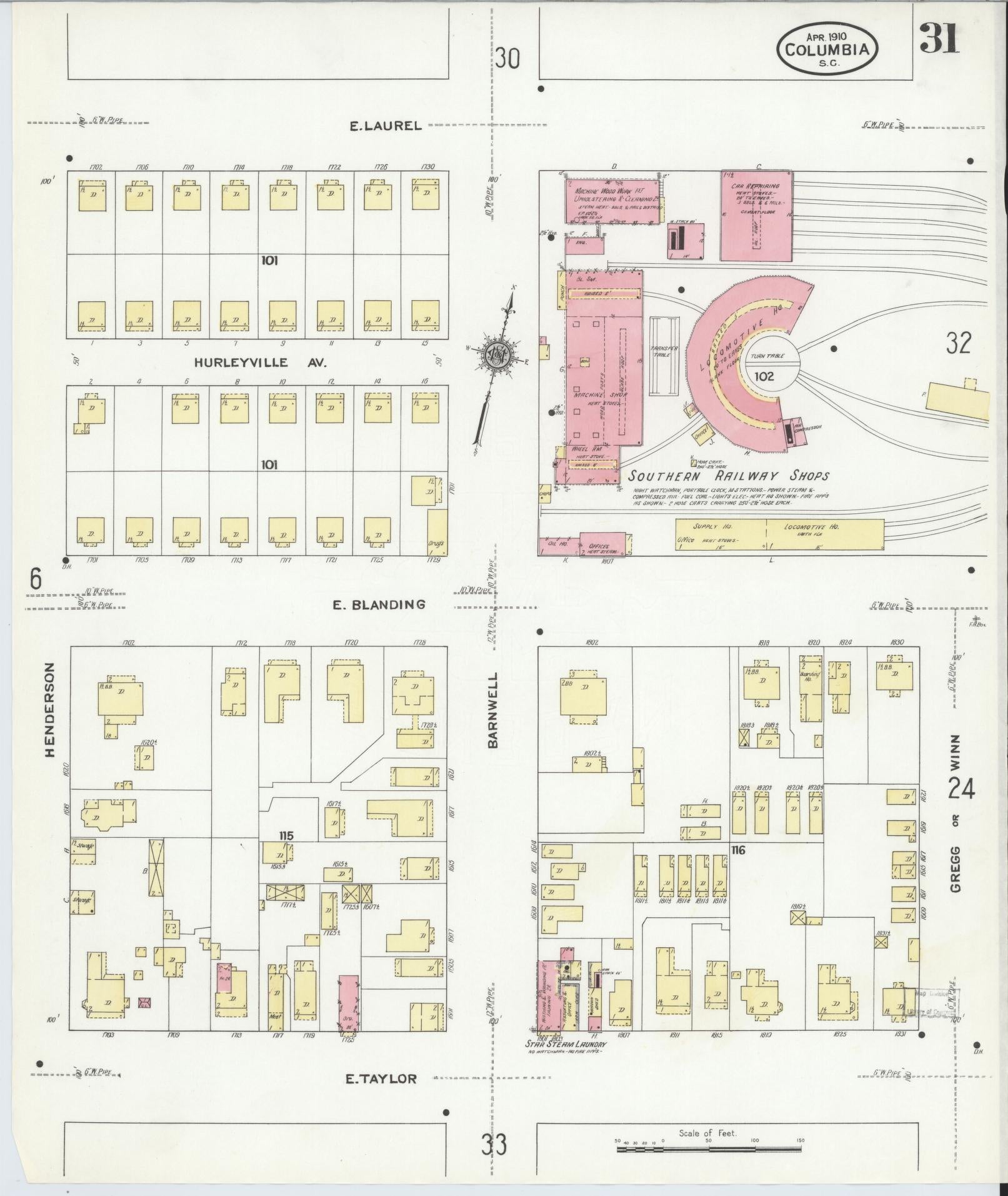 Sanborn Fire Insurance Map from Columbia, Richland County, South Carolina (1910), Sheet #0031 - Complete Map Set gallery image, historic Sanborn map, vintage wall art, South Carolina South Carolina