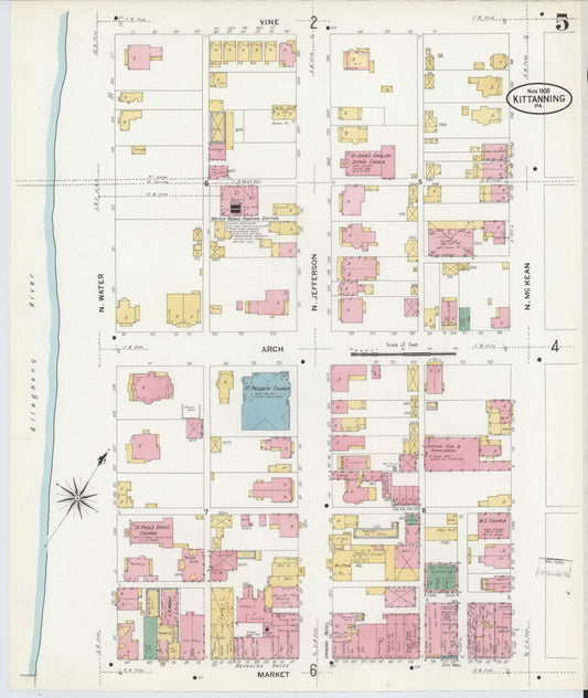 Sanborn Fire Insurance Map from Kittanning, Armstrong County, Pennsylvania (1909), Sheet #0005 - Historic Sanborn Fire Insurance Map Print, vintage old map wall art, antique decor, genealogy gift, Pennsylvania Pennsylvania map