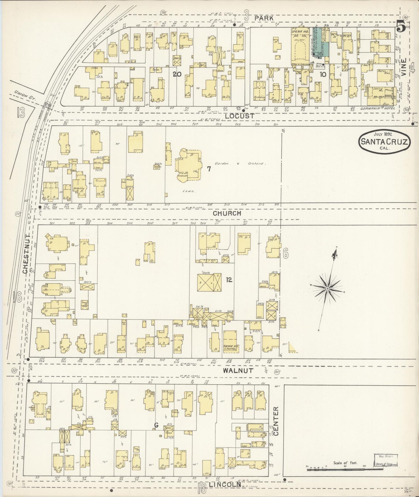 Sanborn Fire Insurance Map from Santa Cruz, Santa Cruz County, California (1892), Sheet #0005 - Complete Map Set gallery image, historic Sanborn map, vintage wall art, California California