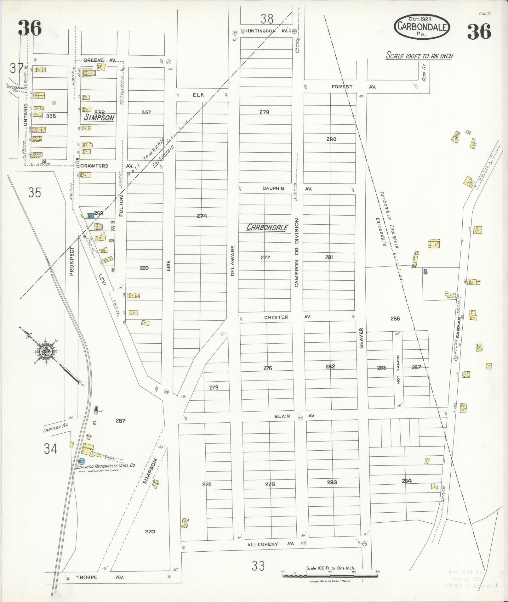 Sanborn Fire Insurance Map from Carbondale, Lackawanna County, Pennsylvania (1923), Sheet #0036 - Historic Sanborn Fire Insurance Map Print, vintage old map wall art, antique decor, genealogy gift, Pennsylvania Pennsylvania map