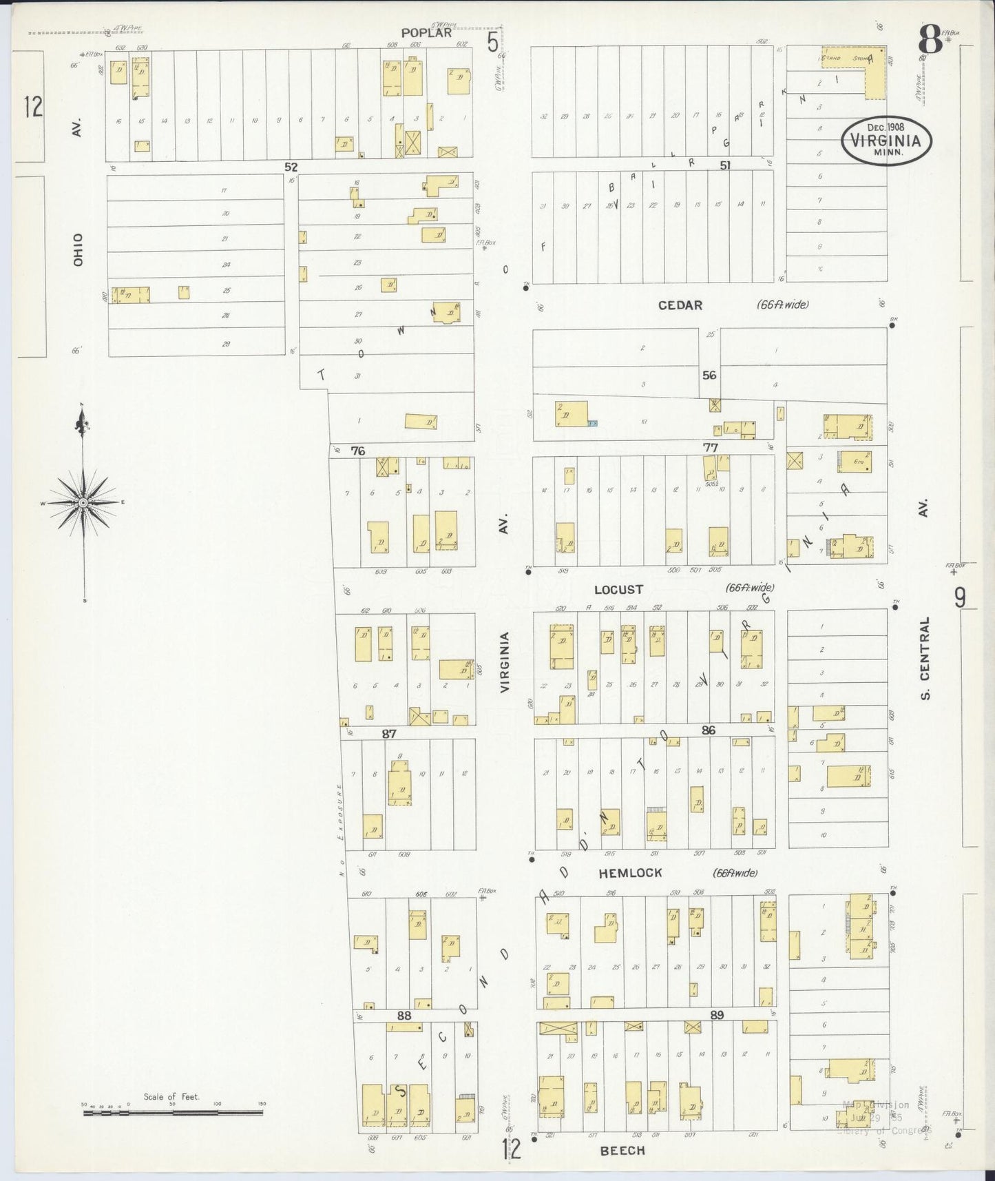 Sanborn Fire Insurance Map from Virginia, Saint Louis County, Minnesota (1908), Sheet #0008 - Complete Map Set gallery image, historic Sanborn map, vintage wall art, Minnesota Minnesota