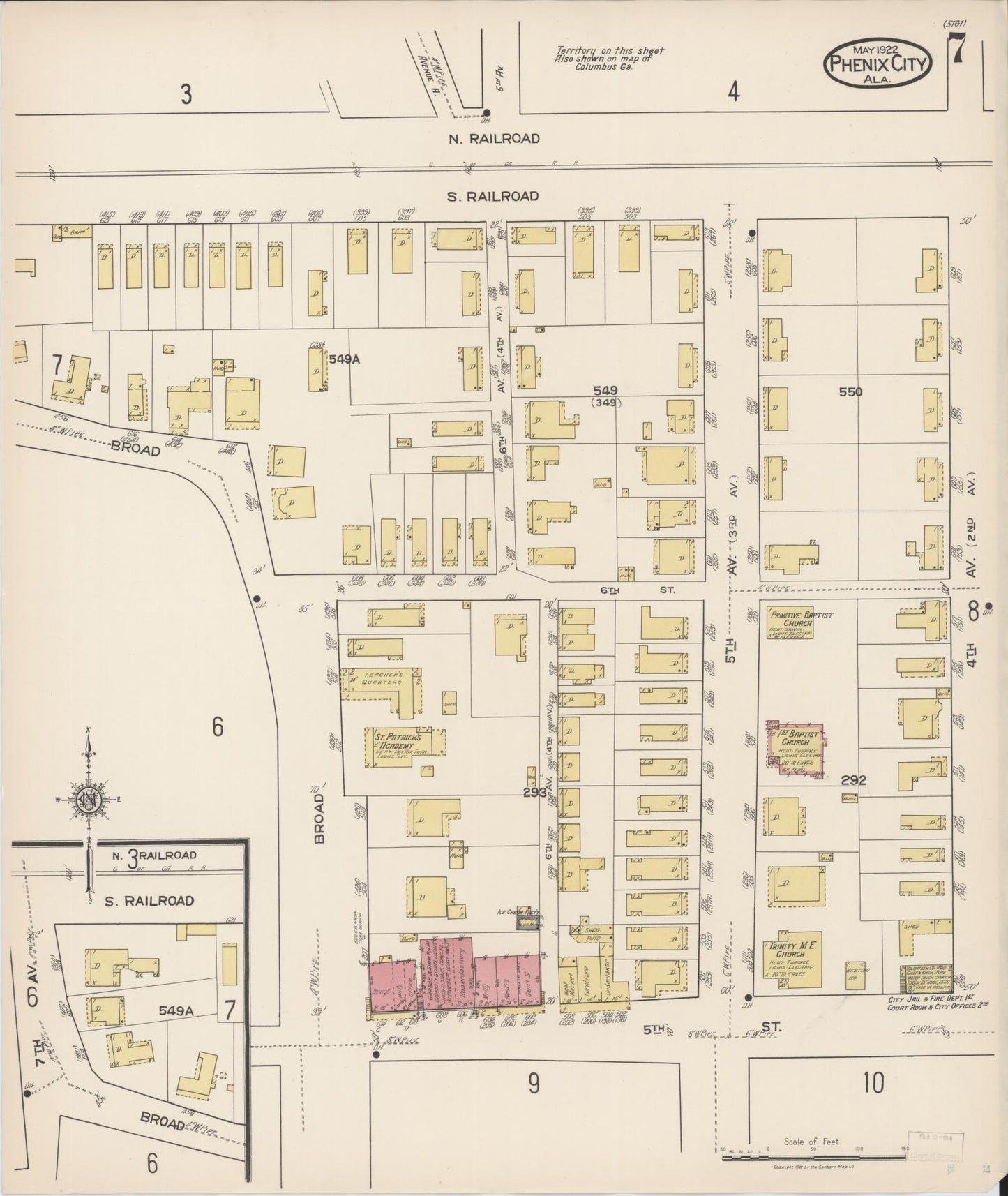 Sanborn Fire Insurance Map from Phenix City, Lee And Russell Counties, Alabama (1922), Sheet #0007 - Historic Sanborn Fire Insurance Map Print, vintage old map wall art, antique decor, genealogy gift, Alabama Alabama map